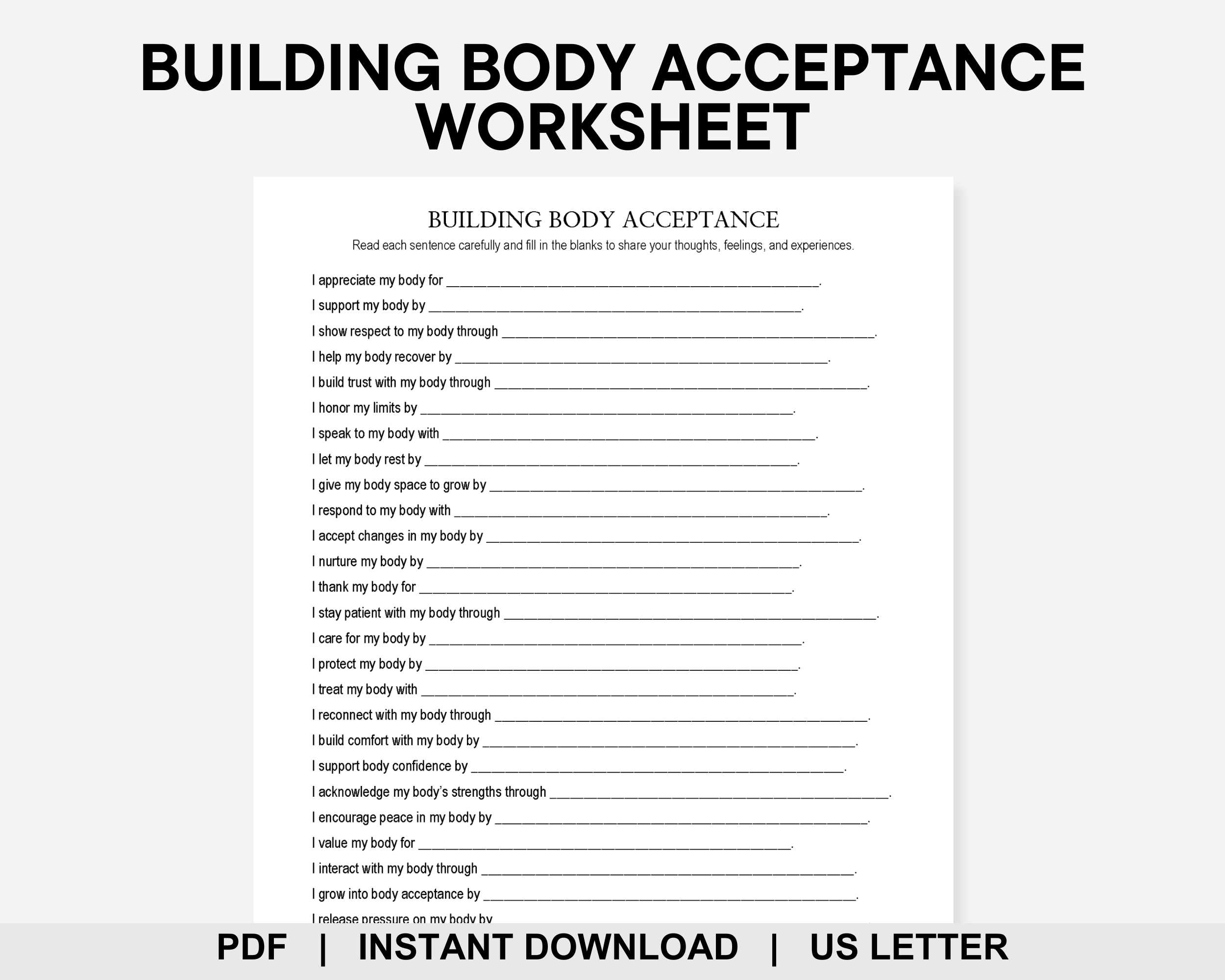 Building Body Acceptance Worksheet, Body Image, Body Positivity, Personal Growth, Self Esteem