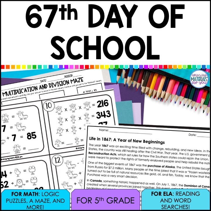 67th Day of School Reading Passages Logic Puzzles Maze Word Searches 5th Grade