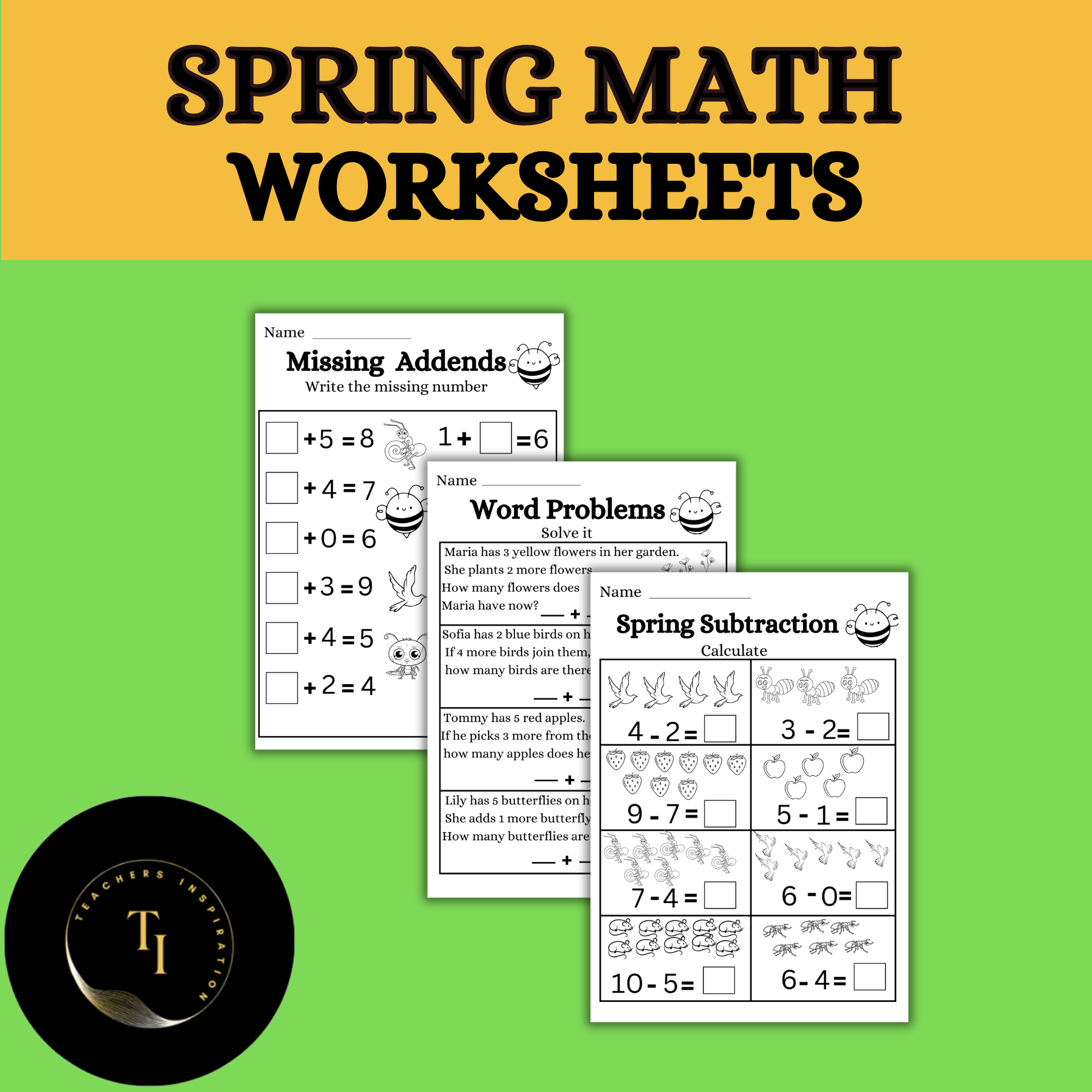 Spring Math Worksheets - Addition and Subtraction (1 to 10)