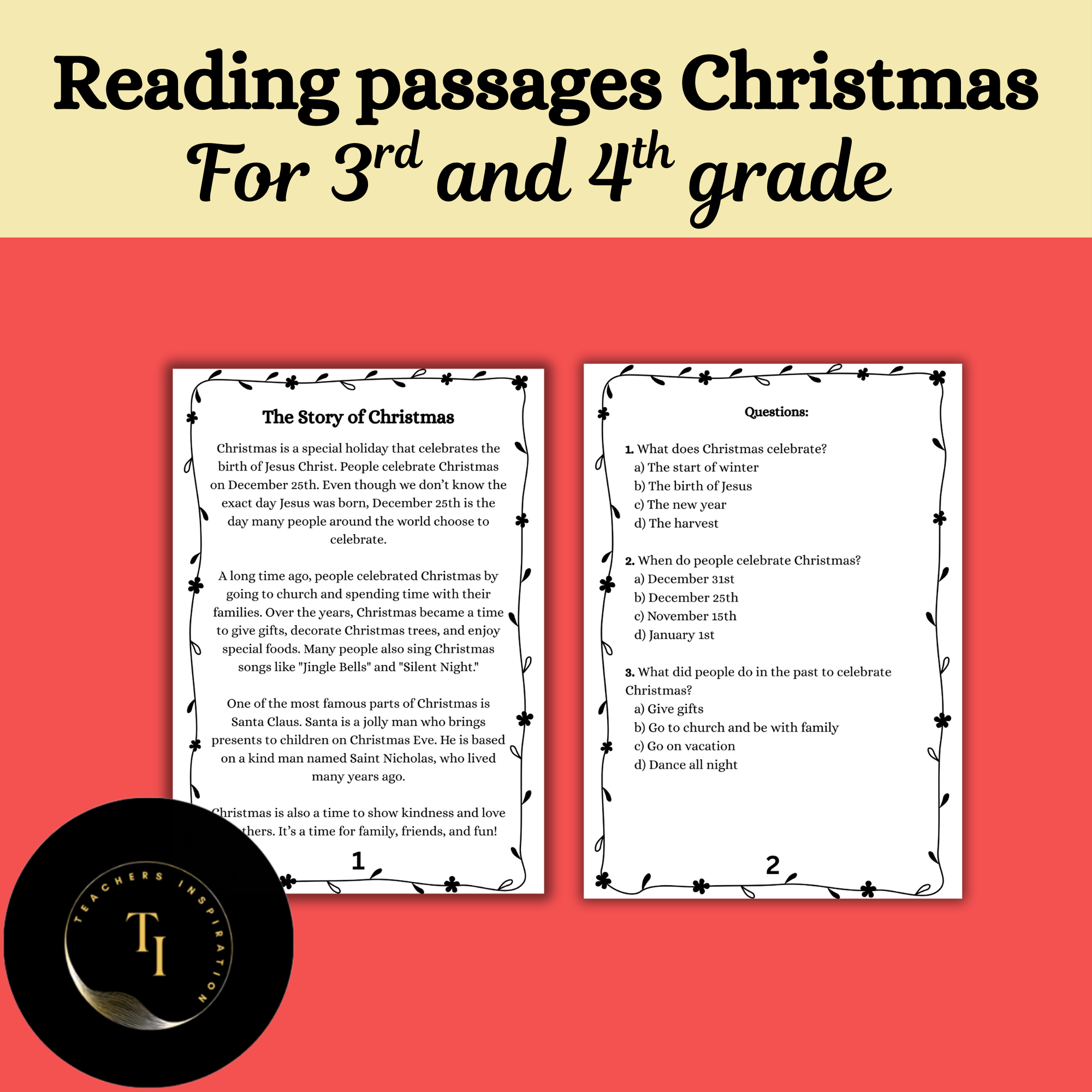 Reading passages Christmas for 3rd and 4th grade