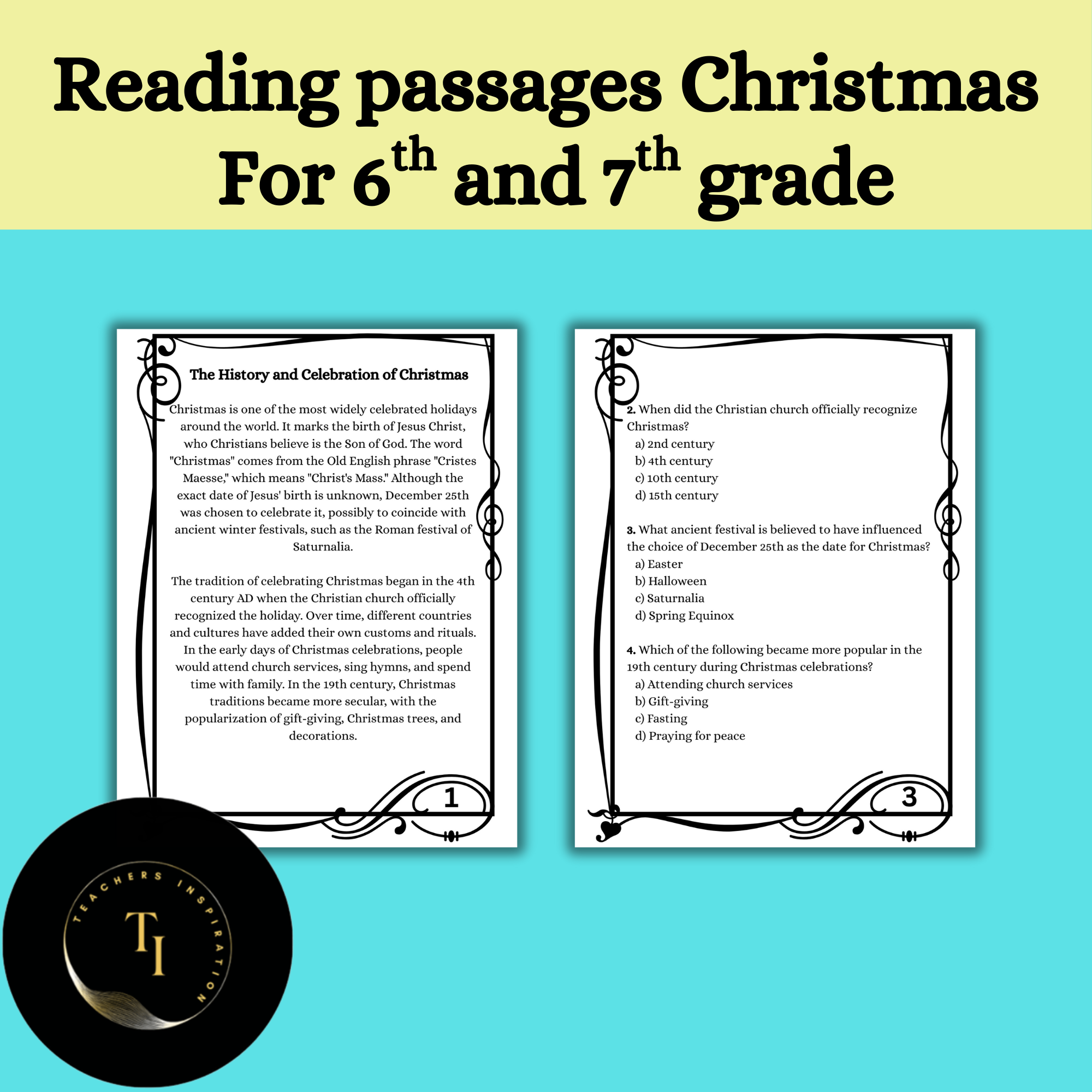 Reading passages Christmas for 6th and 7th grade