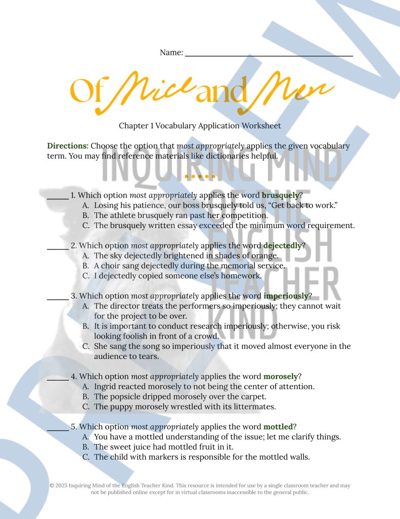 Of Mice and Men Chapter 1 Vocabulary Activities | Crossword Puzzle ...