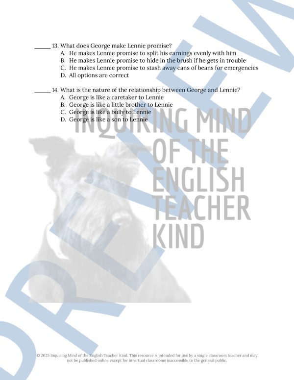 Of Mice and Men Chapter 1 Quiz and Answer Key | Reading Comprehension ...