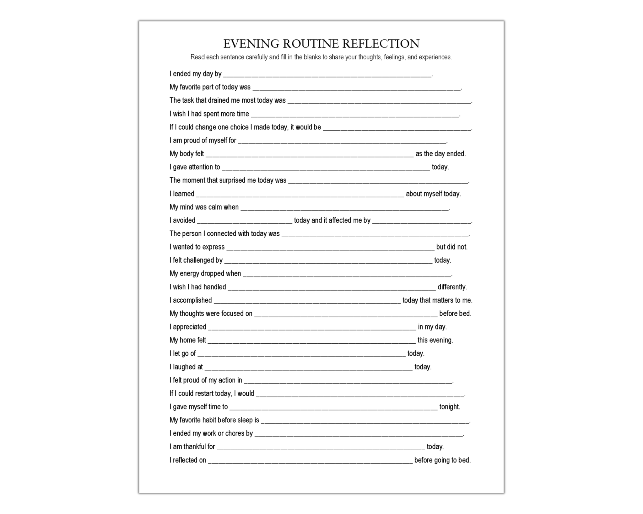 Evening Routine Reflection Worksheet, Bedtime Routine, Sleep Hygiene ...
