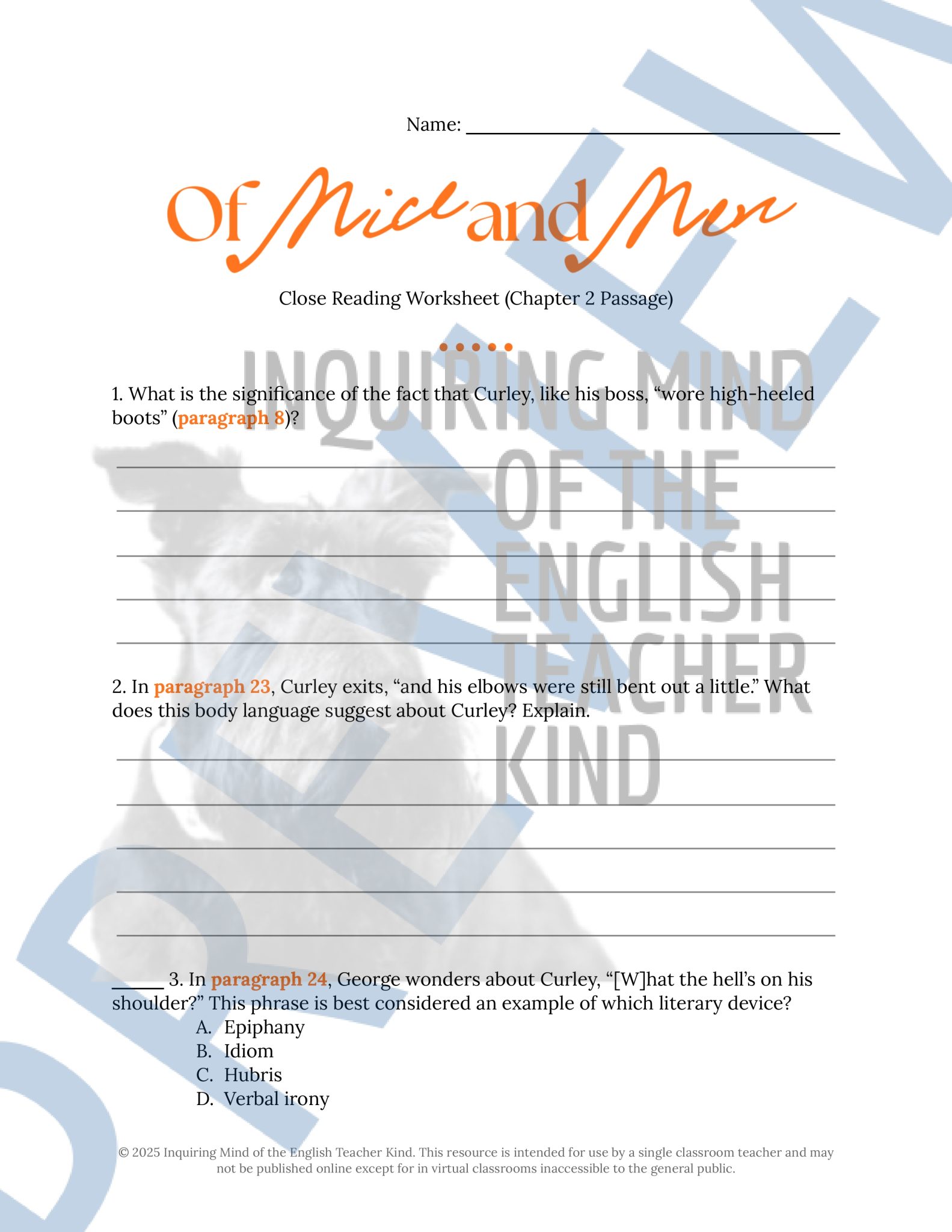 Of Mice and Men Chapter 2 Quiz, Analysis Worksheet, and Vocabulary ...