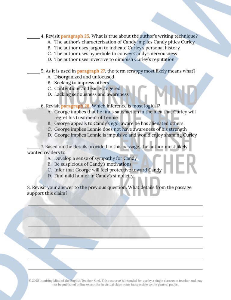 Of Mice and Men Chapter 2 Quiz, Analysis Worksheet, and Vocabulary ...