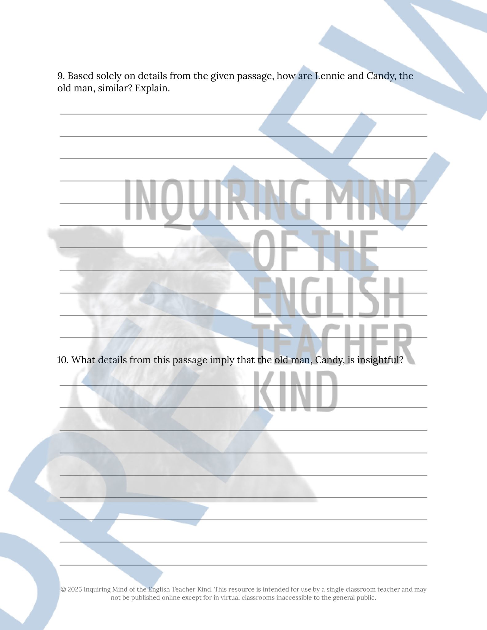 Of Mice and Men Chapter 2 Quiz, Analysis Worksheet, and Vocabulary ...
