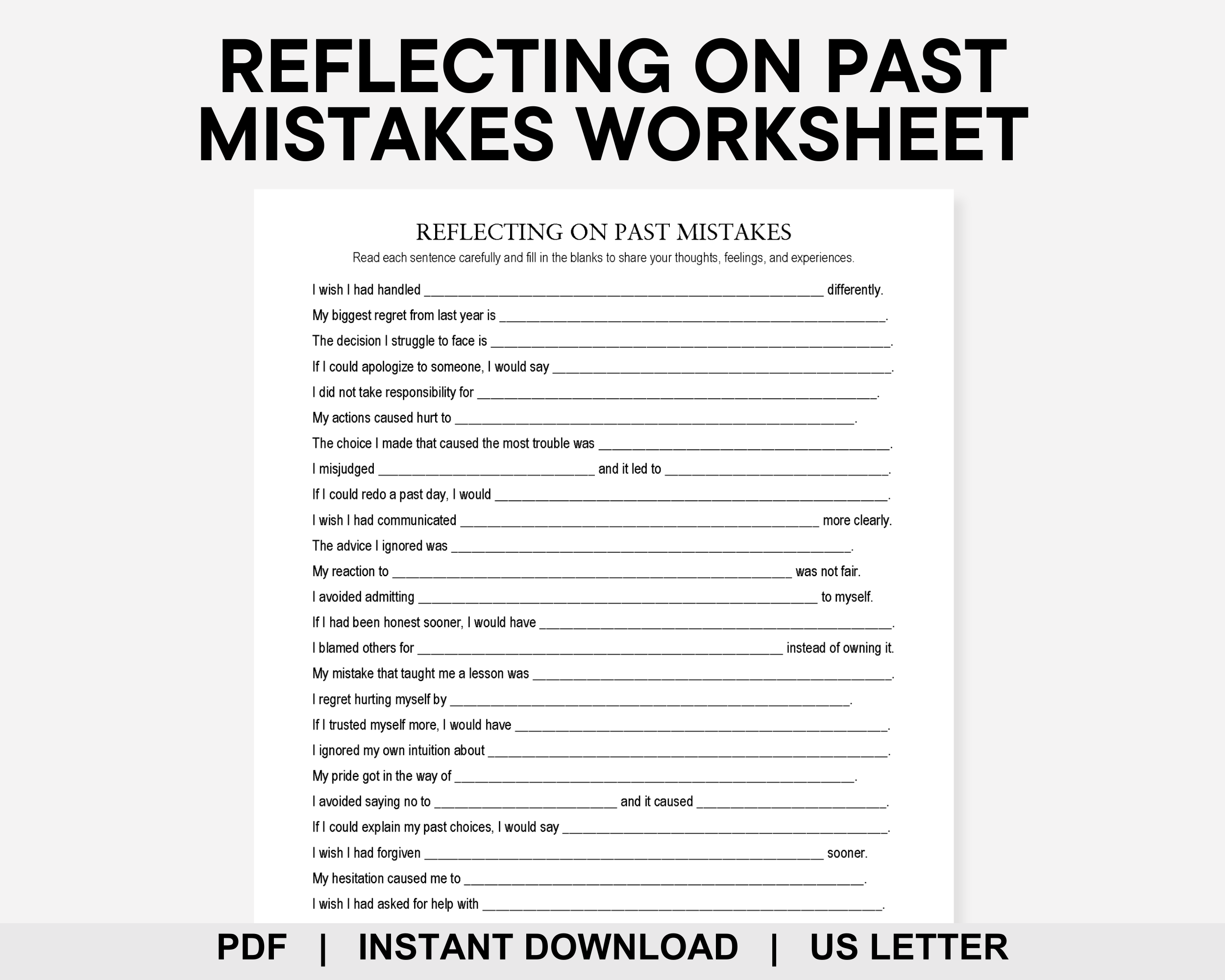 Reflecting on Past Mistakes Worksheet, Self Forgiveness, Guilt and Shame, Growth Mindset