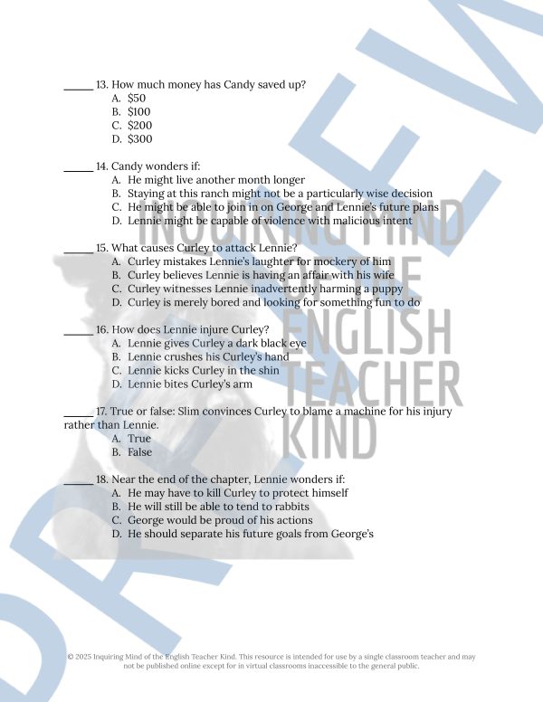 Of Mice and Men Chapter 3 Quiz and Answer Key | Reading Comprehension ...