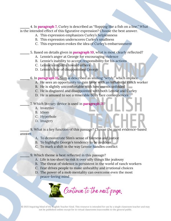 Of Mice and Men Chapter 3 Novel Analysis Worksheet | Close Reading ...