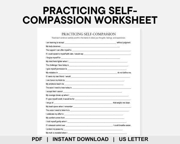 Practicing Self Compassion Worksheet, Self Kindness, Self Acceptance ...