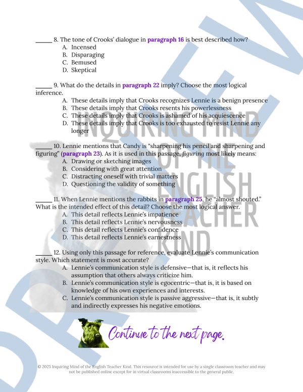 Of Mice and Men Chapter 4 Novel Analysis Worksheet | Close Reading ...