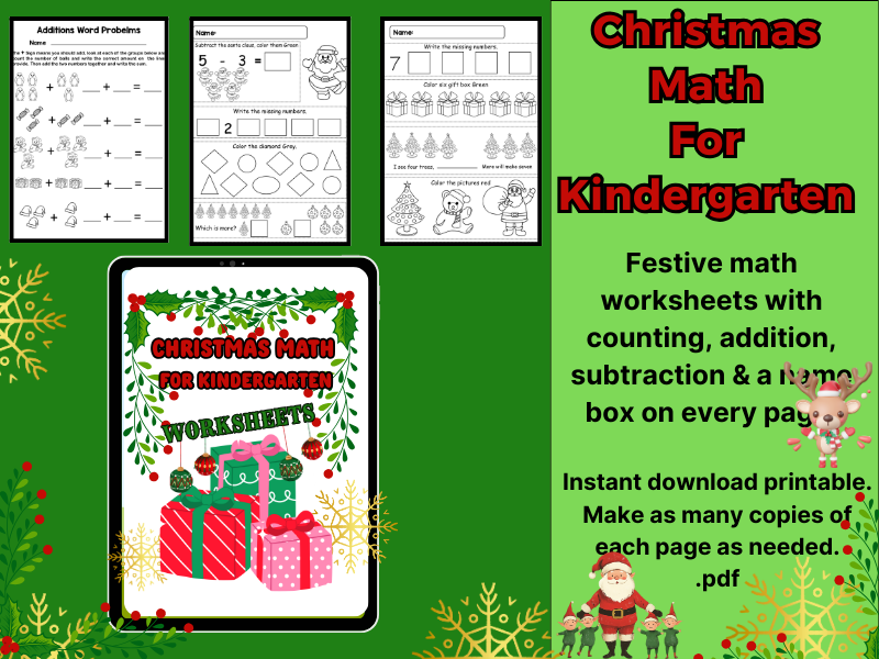 Christmas Math Worksheets for Kindergarten – Fun Counting, Addition & Subtraction Activities