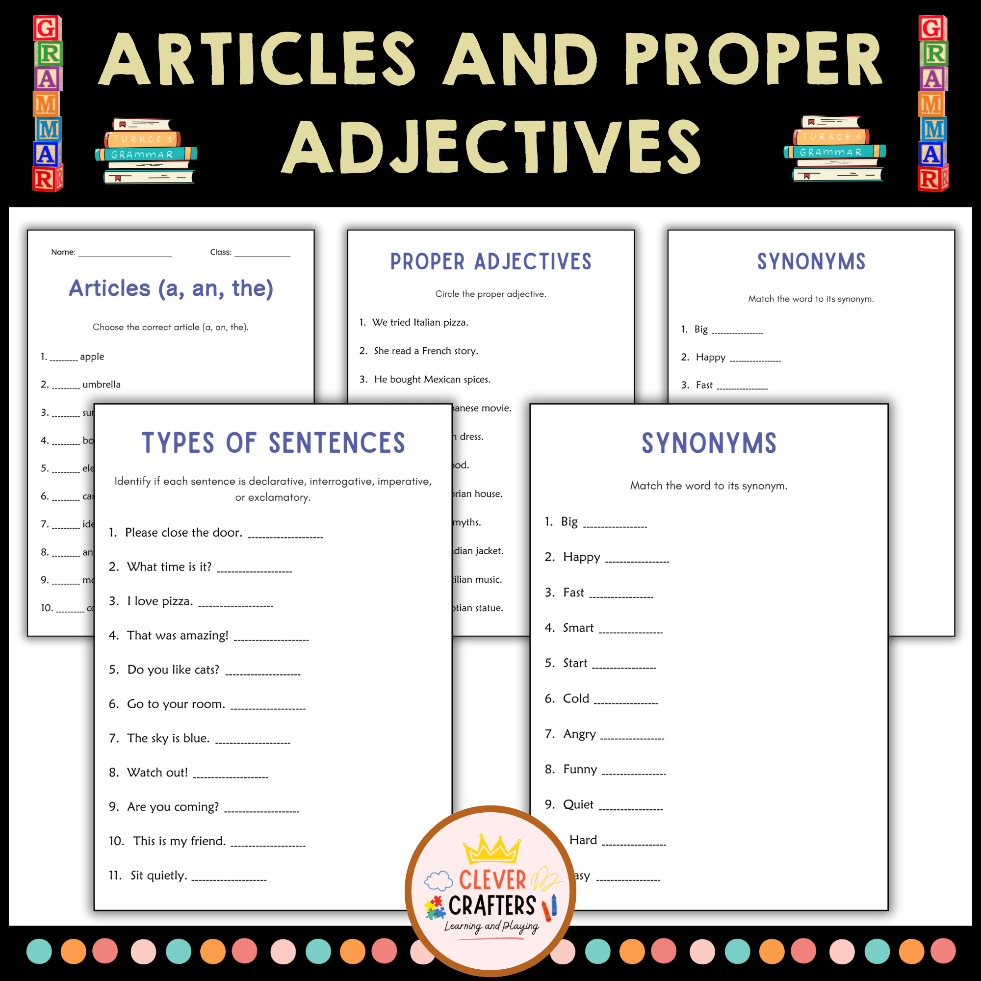 Articles and Proper Adjectives Grammar Worksheets for Grade 1, 2, 3