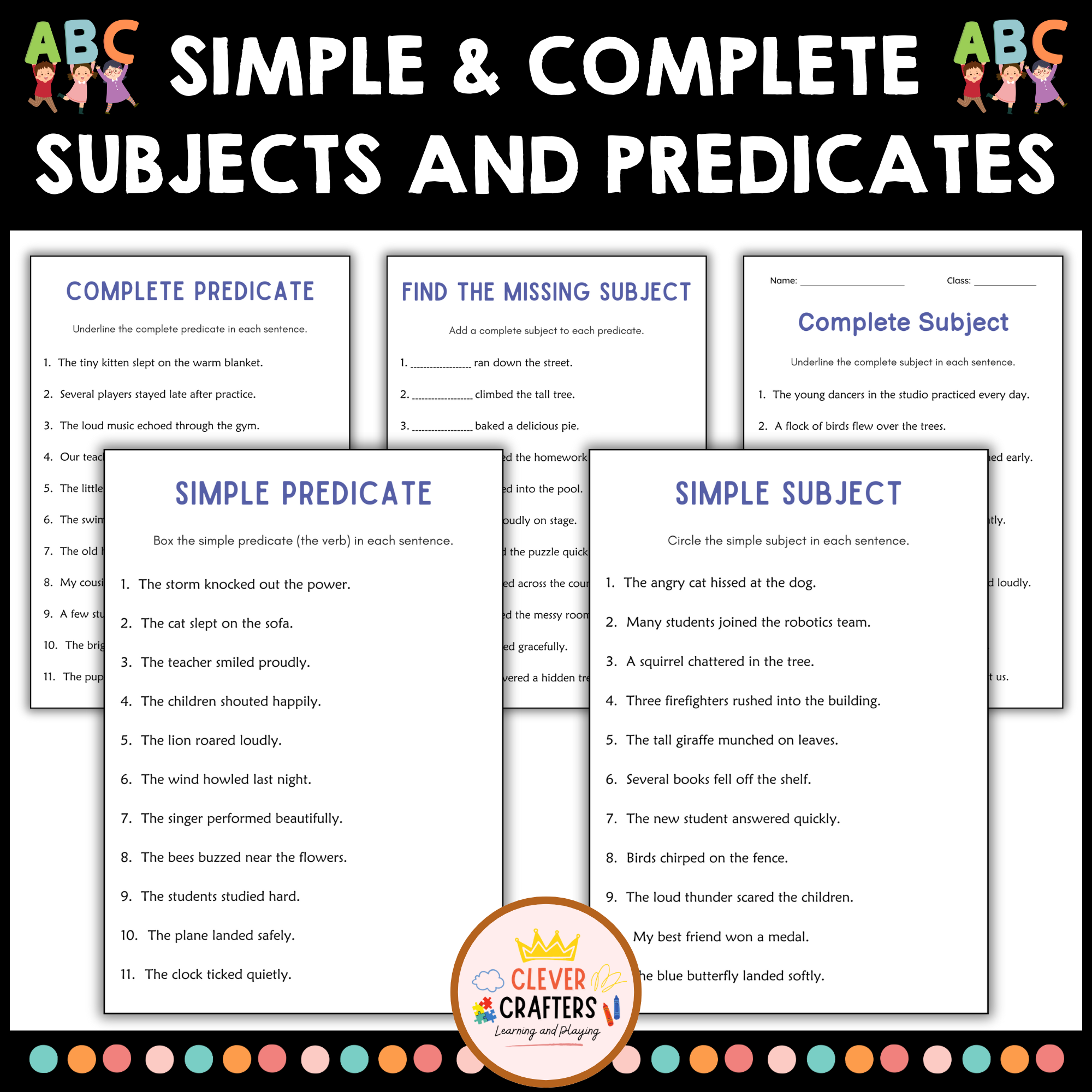 Simple & Complete Subjects and Predicates Grammar Worksheets for Grade 1, 2, 3
