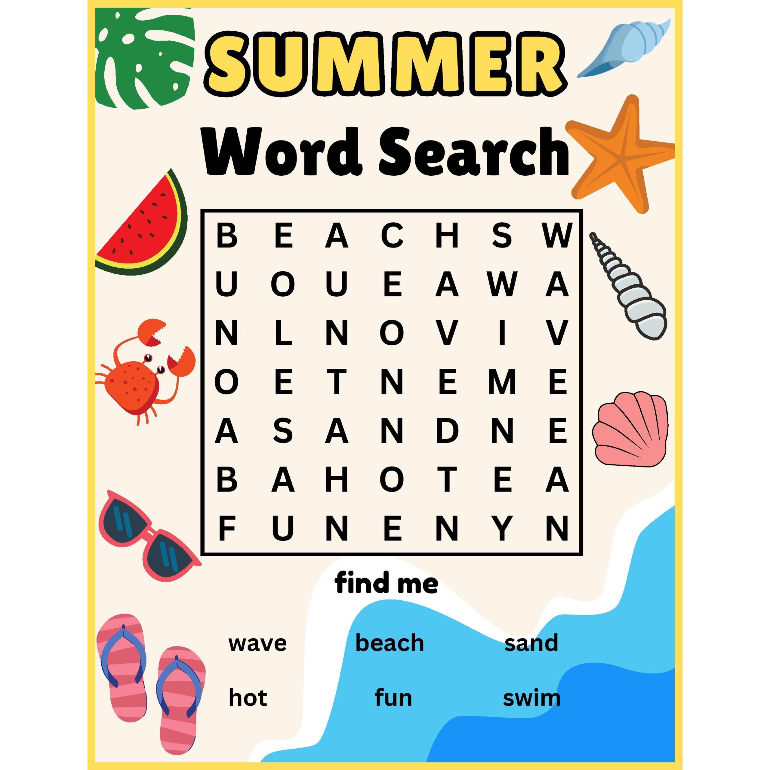 Preschool & Kindergarten Summer & End of Year Word Search Worksheets Activity
