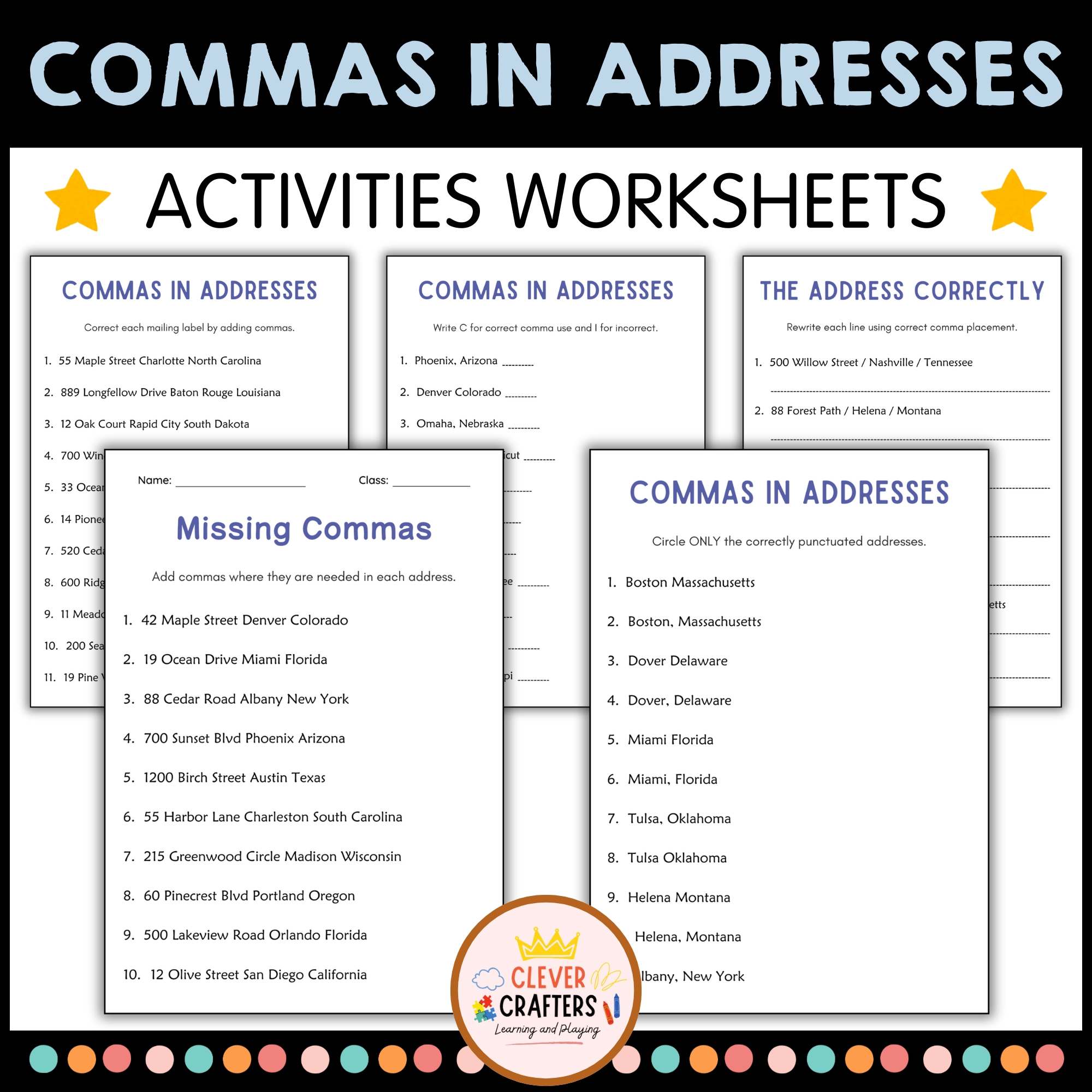 Commas in Addresses Grammar Worksheets for Grade 1, 2, 3