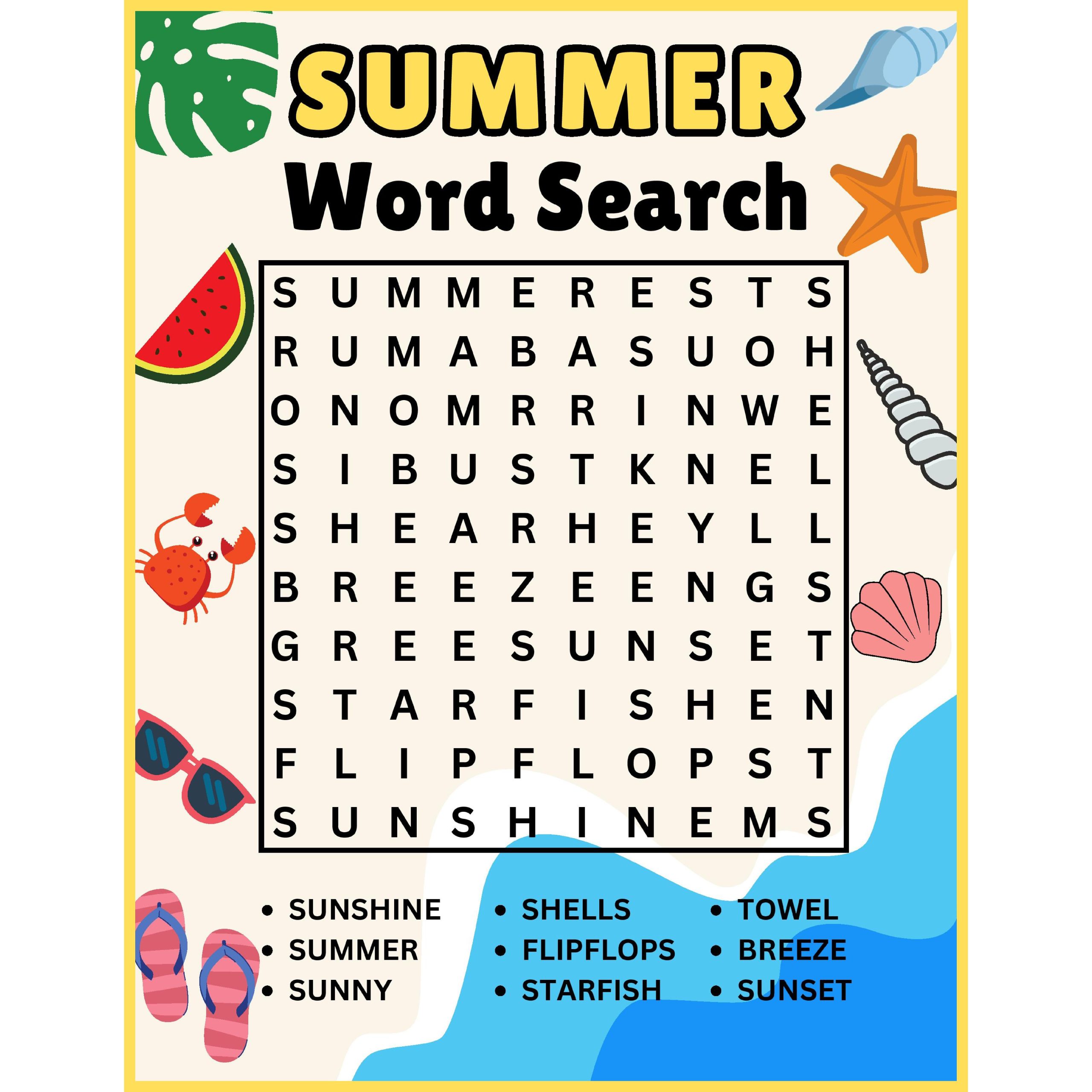 1st Grade & 2nd Grade Summer & End of Year Word Search Worksheets Activity