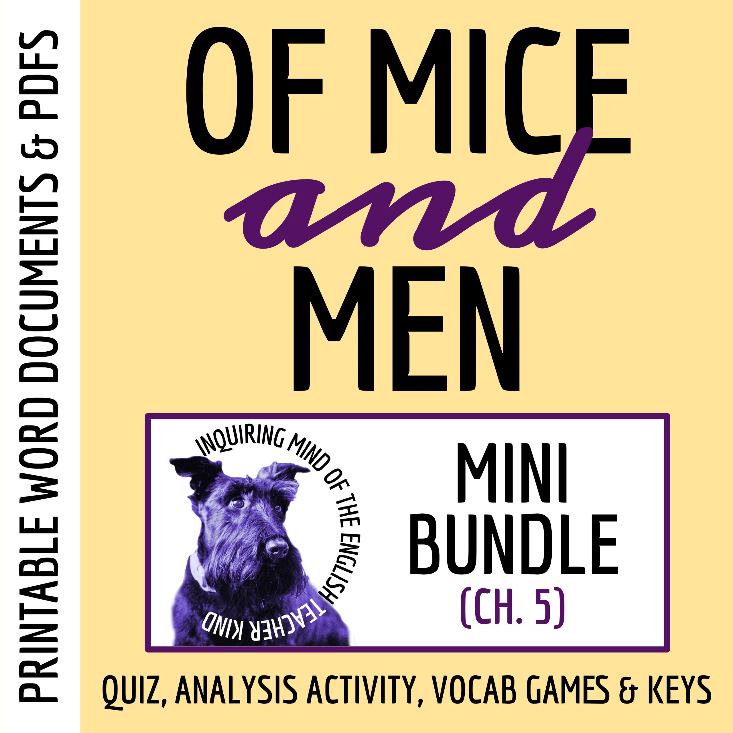 Of Mice and Men Chapter 5 Quiz, Close Reading Analysis Worksheet, and Vocabulary Activities