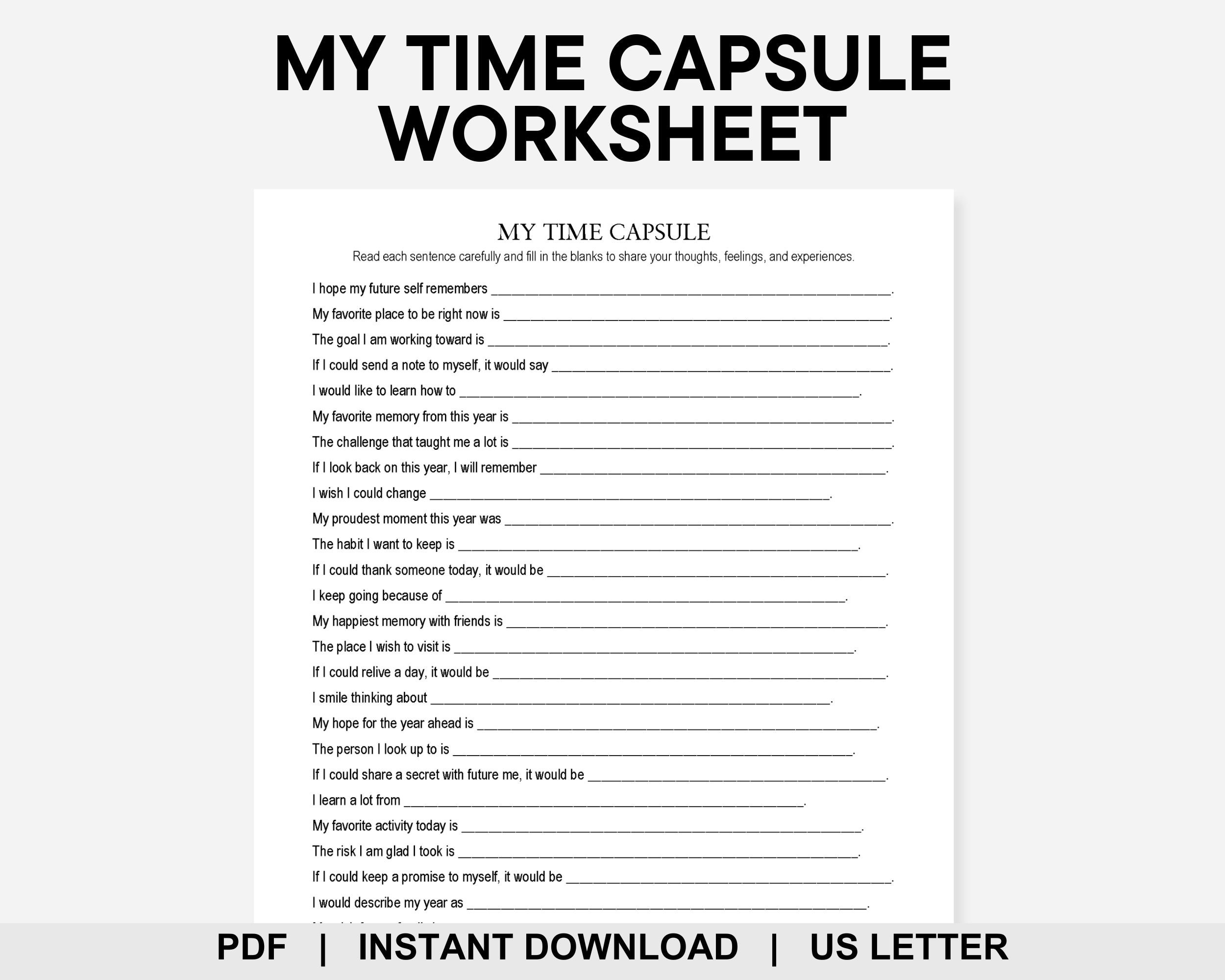 My Time Capsule Worksheet, All About Me, Letter to My Future Self, Memory Keepsake, Back to School