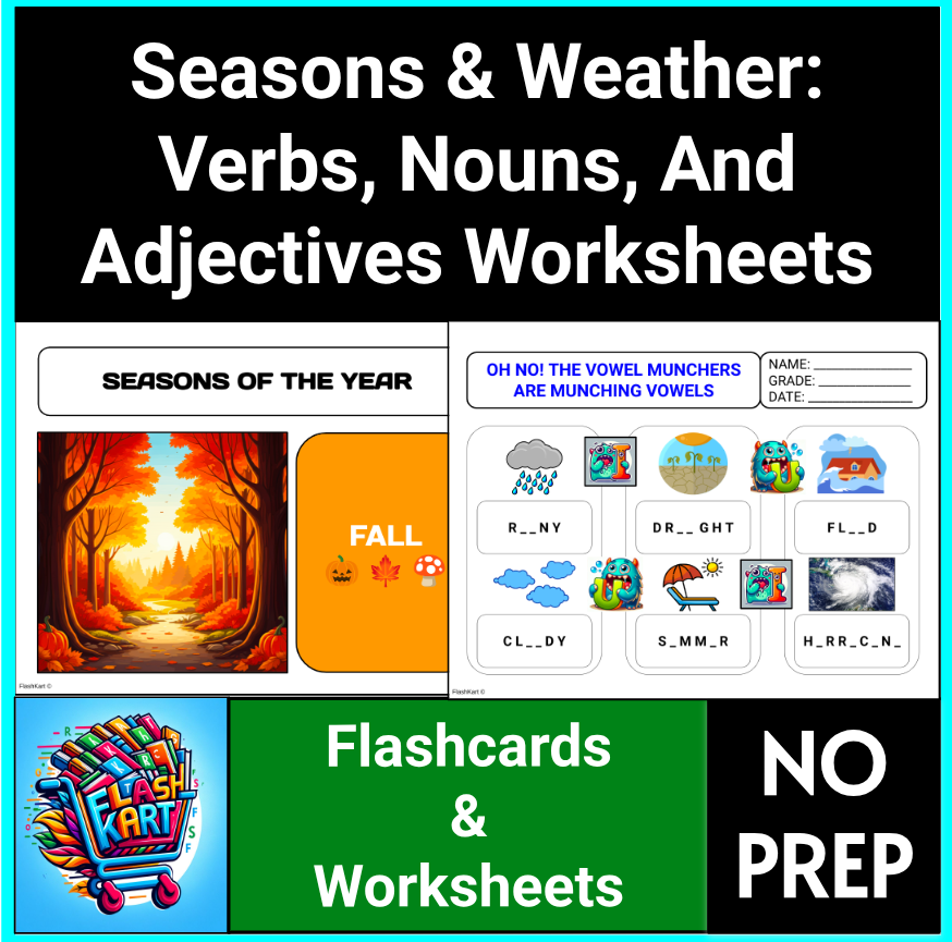 Seasons & Weather Verbs, Nouns, & Adjectives Worksheets for ESL and First Grade