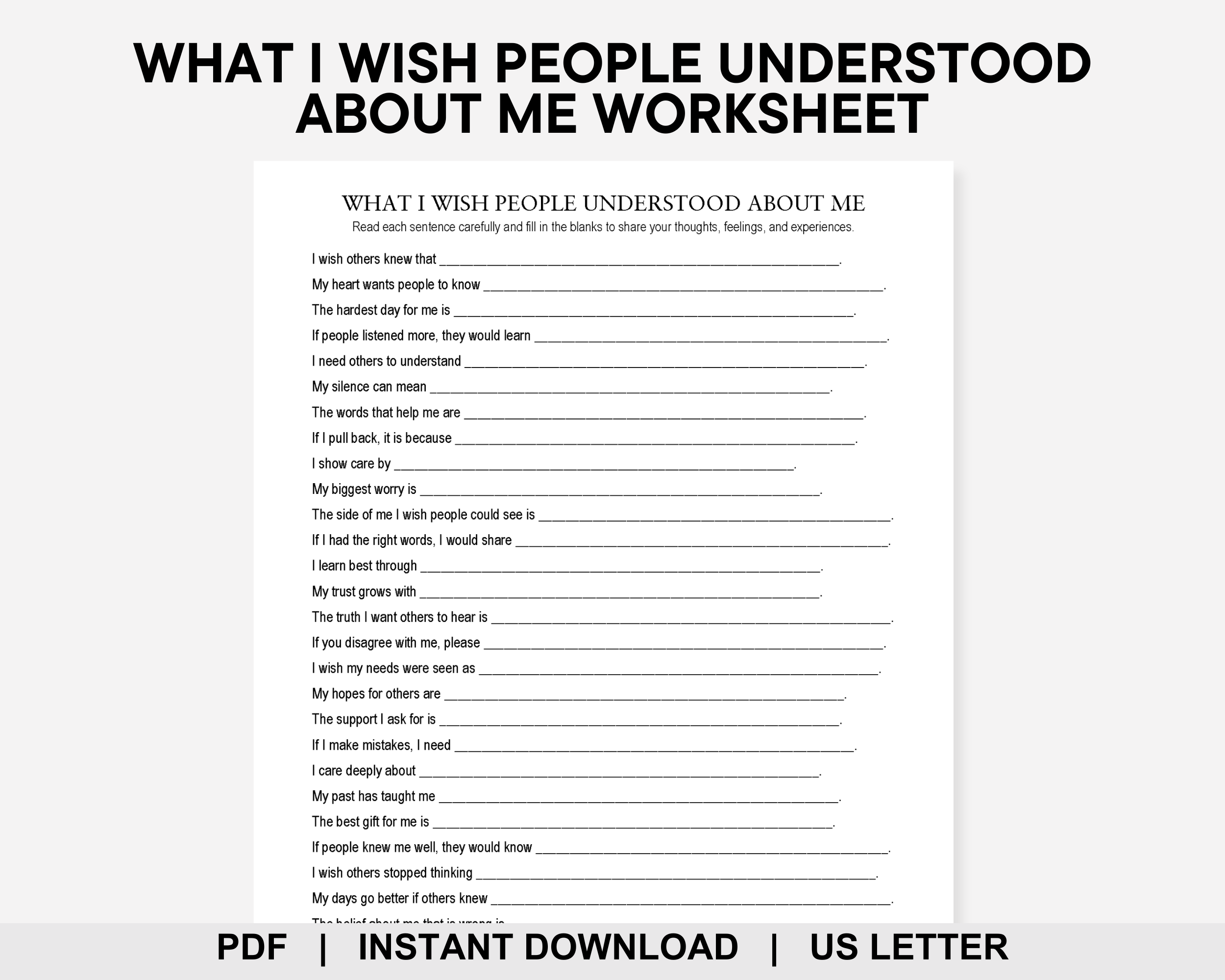 What I Wish People Understood About Me Worksheet, All About Me, Family Therapy, Back to School