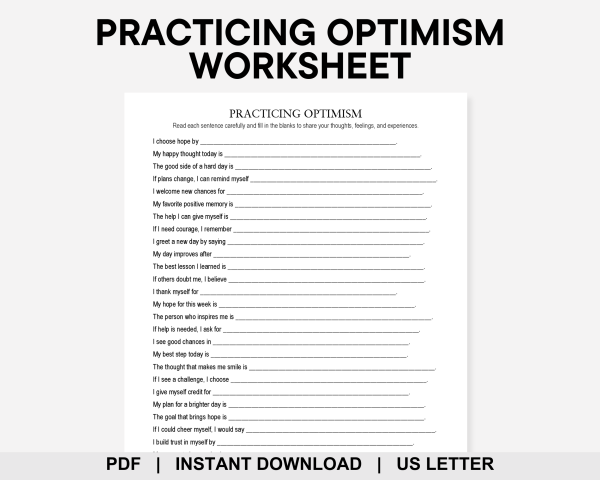 Practicing Optimism Worksheet, Positive Thinking, Growth Mindset ...
