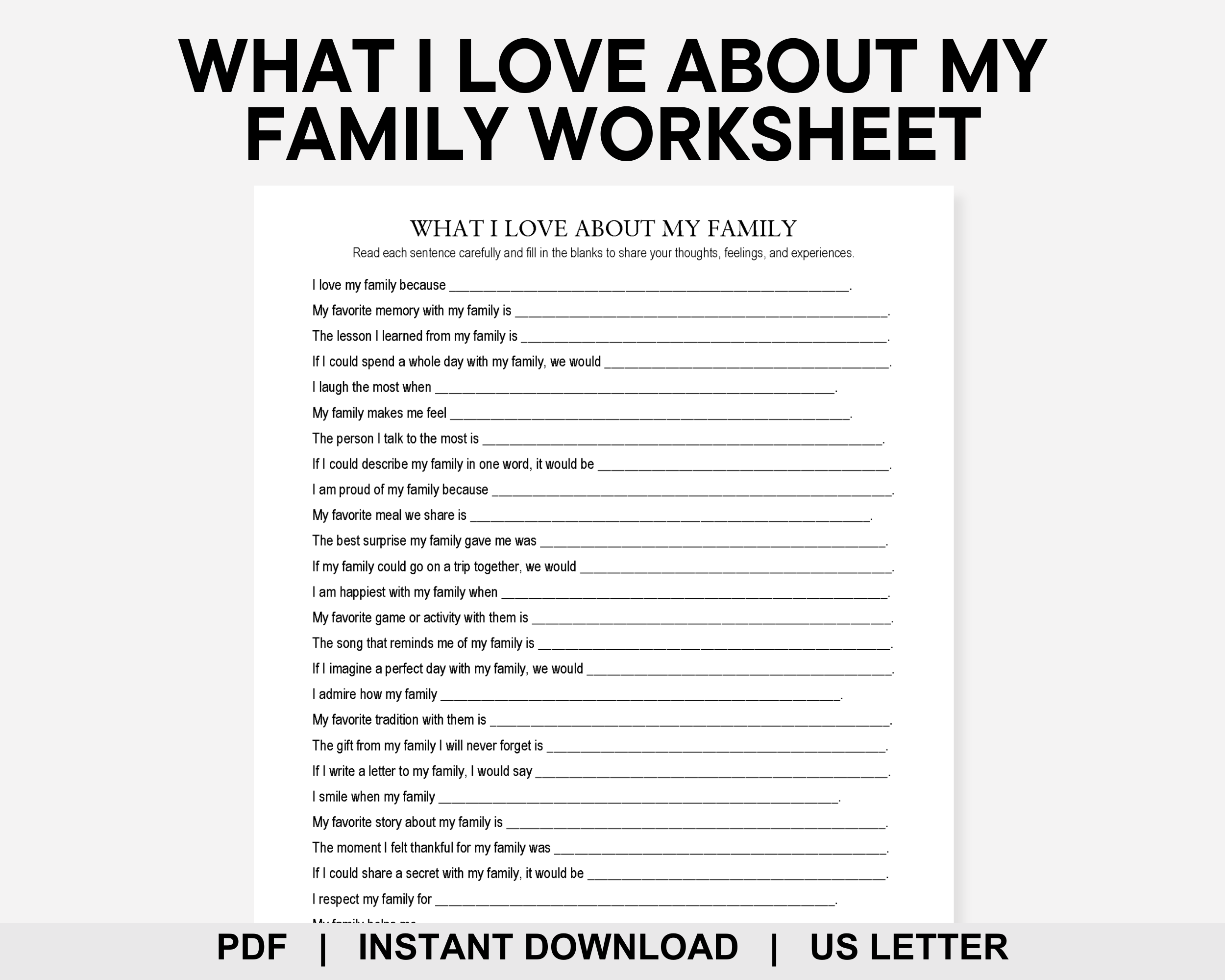 What I Love About My Family Worksheet, All About My Family, Family Appreciation, Family Therapy