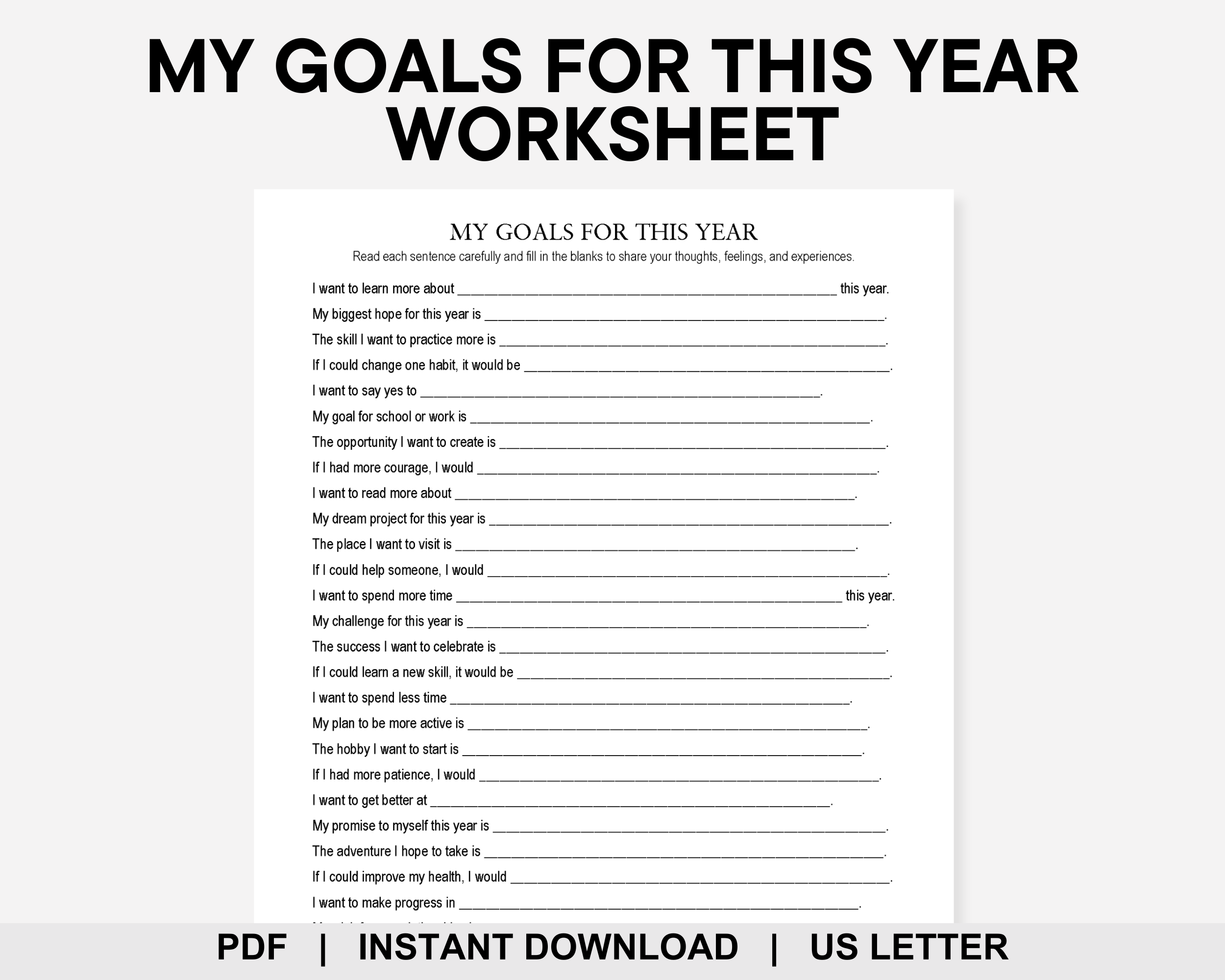 My Goals for This Year Worksheet, New Year Resolutions, Yearly Goals, Life Reset, Goal Setting