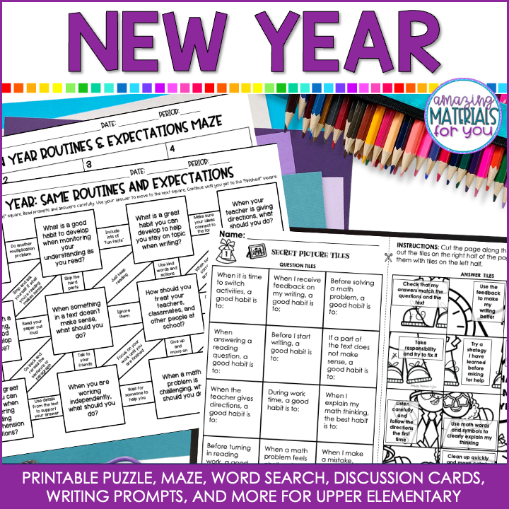 Winter Break Reset New Years Puzzle Maze Task Cards Writing Prompts Word Search