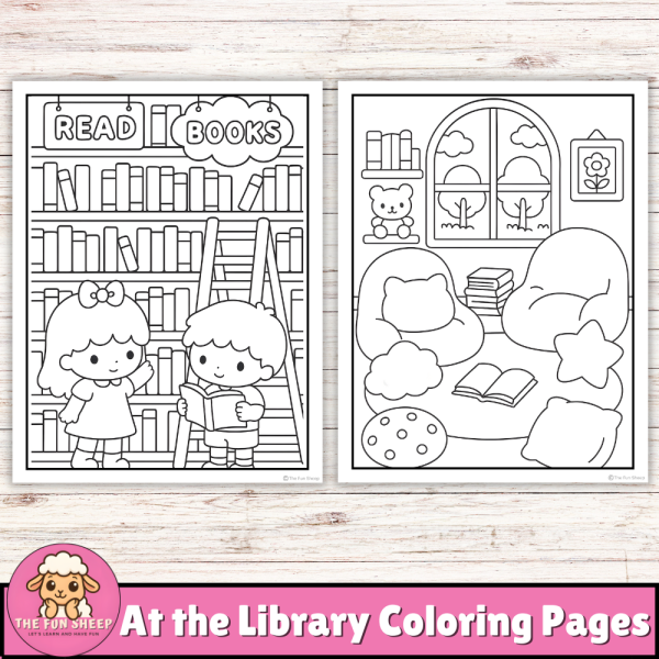 At the Library Coloring Pages | Reading Corner & Bookshelf Coloring ...