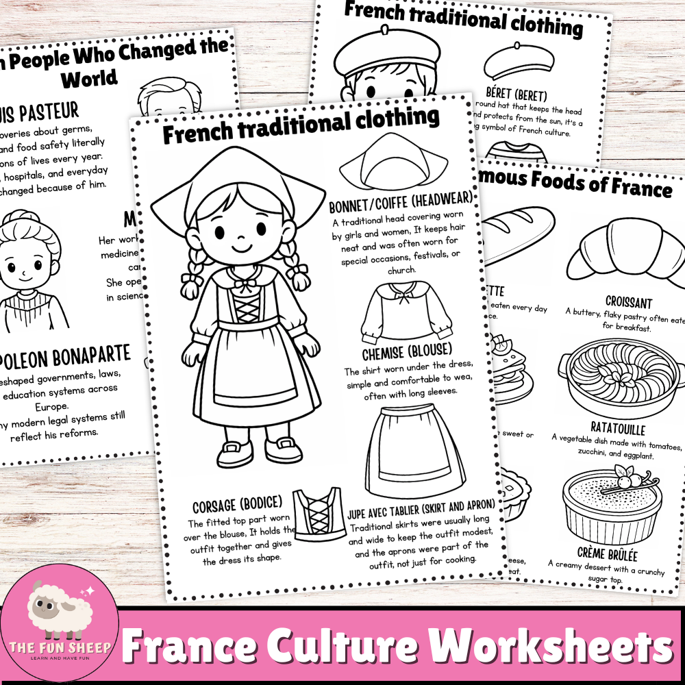 France Culture Worksheets | Explore France Clothing, Food & Influential People