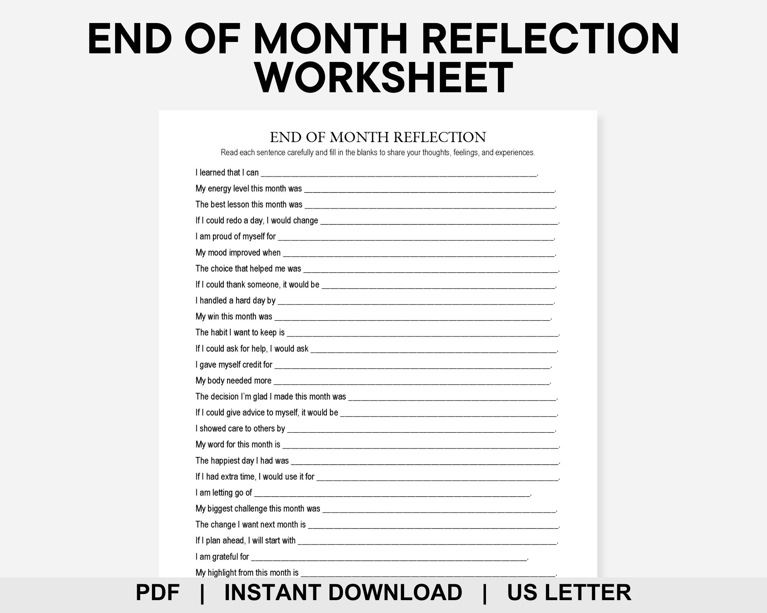 End of Month Reflection Worksheet, Monthly Review, Monthly Wrap Up, Month in Review, Life Audit