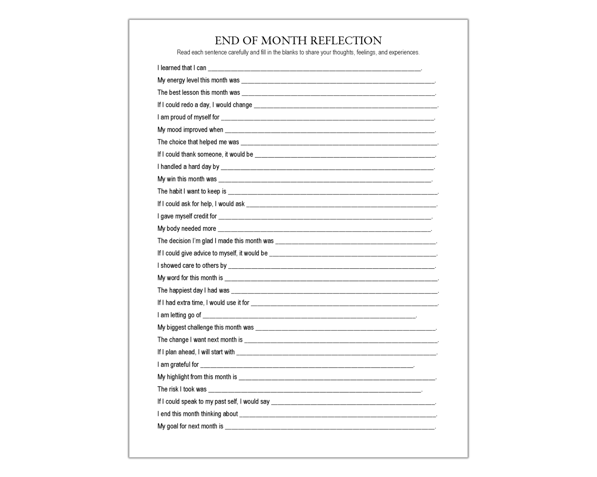End of Month Reflection Worksheet, Monthly Review, Monthly Wrap Up ...