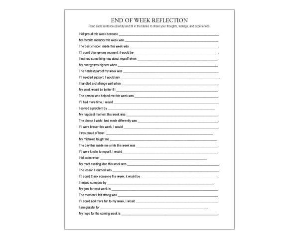 End of Week Reflection Worksheet, Weekly Review, Weekly Check In, Life ...