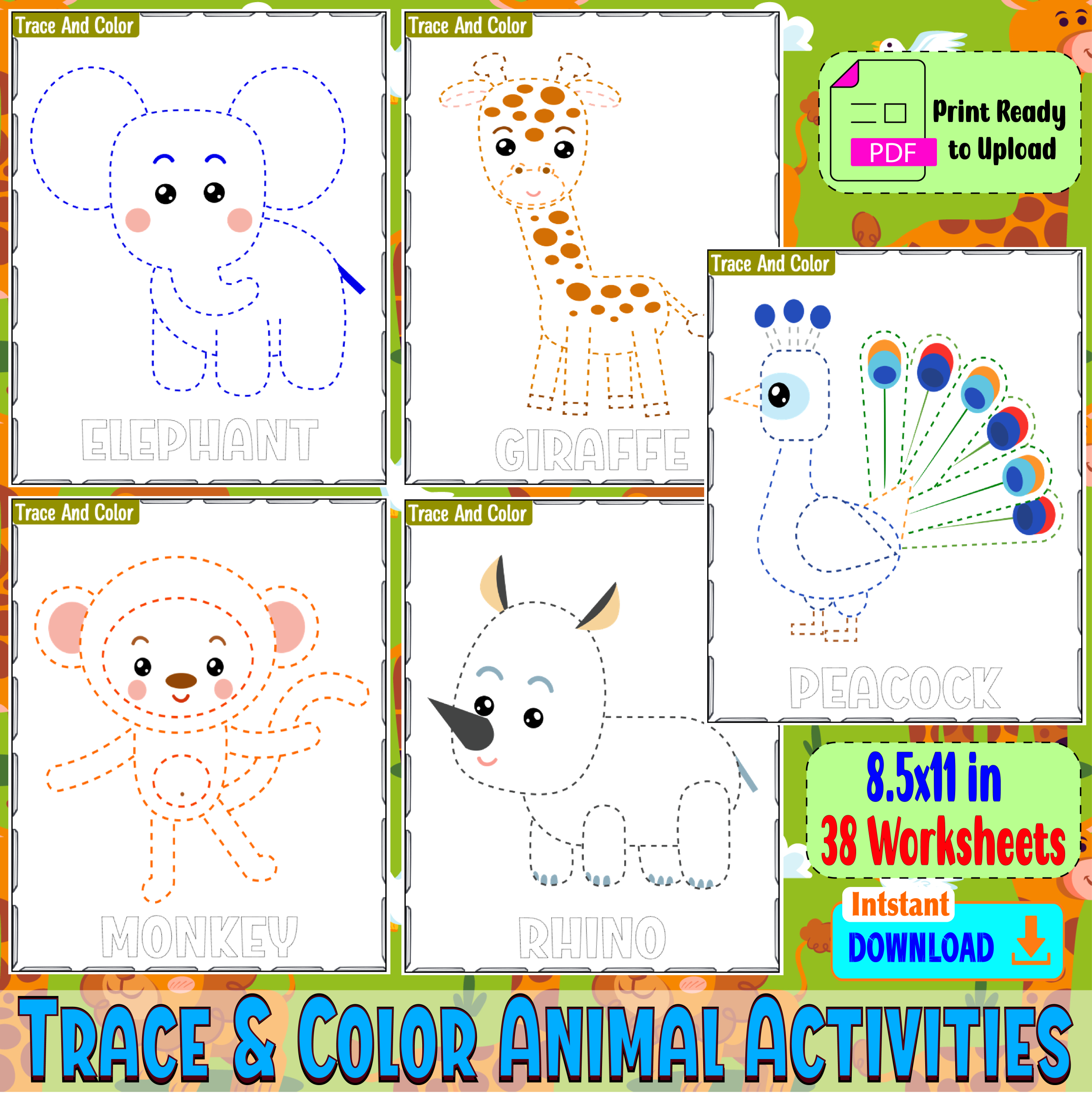 Trace & Color Animal Activities for Toddlers & Preschoolers