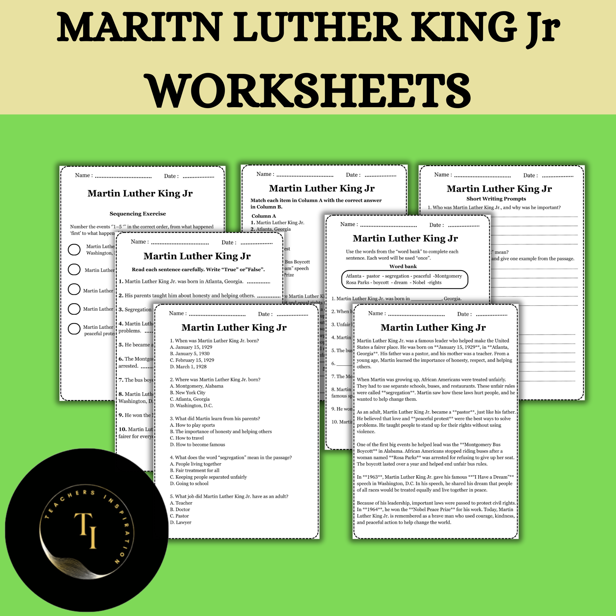 Martin Luther King Jr. Worksheets | 4th Grade MLK Reading & Activities