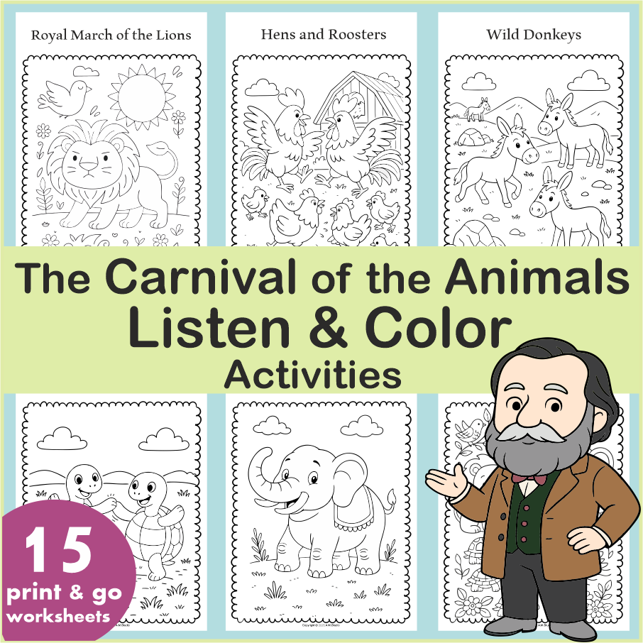Carnival of the Animals by Camille Saint-Saëns Coloring Pages & Listening Book