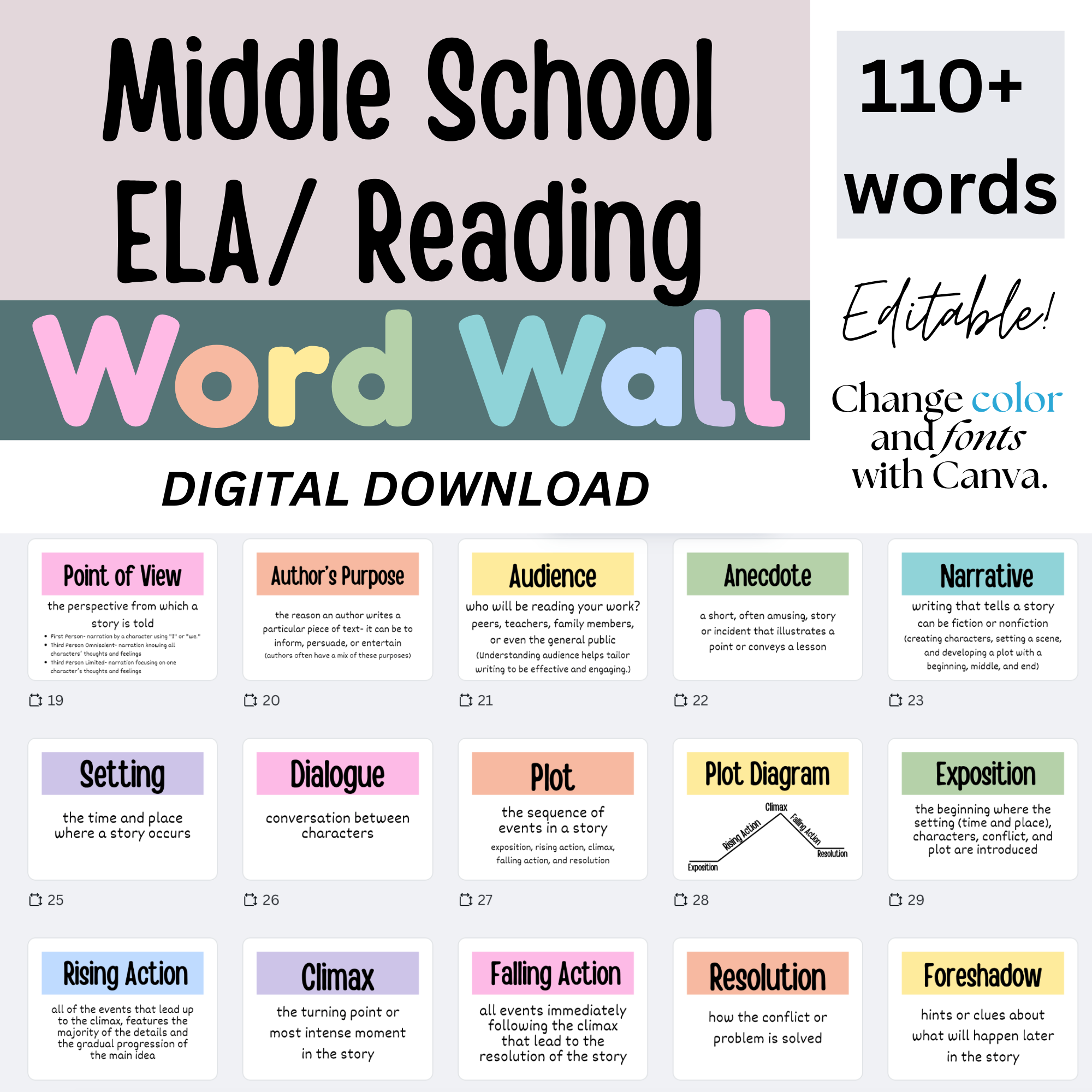 ELA Word Wall Middle School Upper Elementary Reading and Writing Pastel