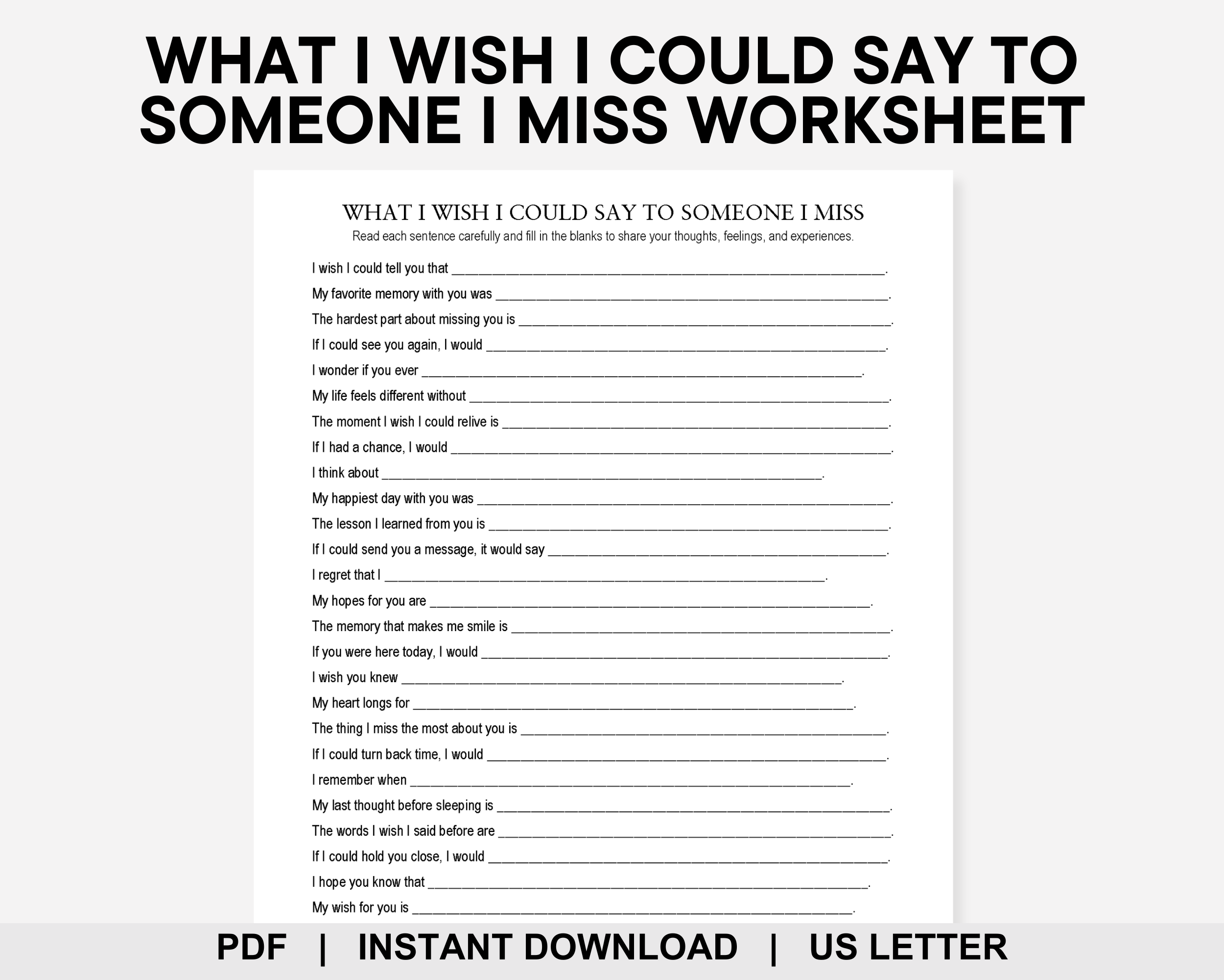 What I Wish I Could Say to Someone I Miss Worksheet, Grief and Loss, Bereavement, Inner Child