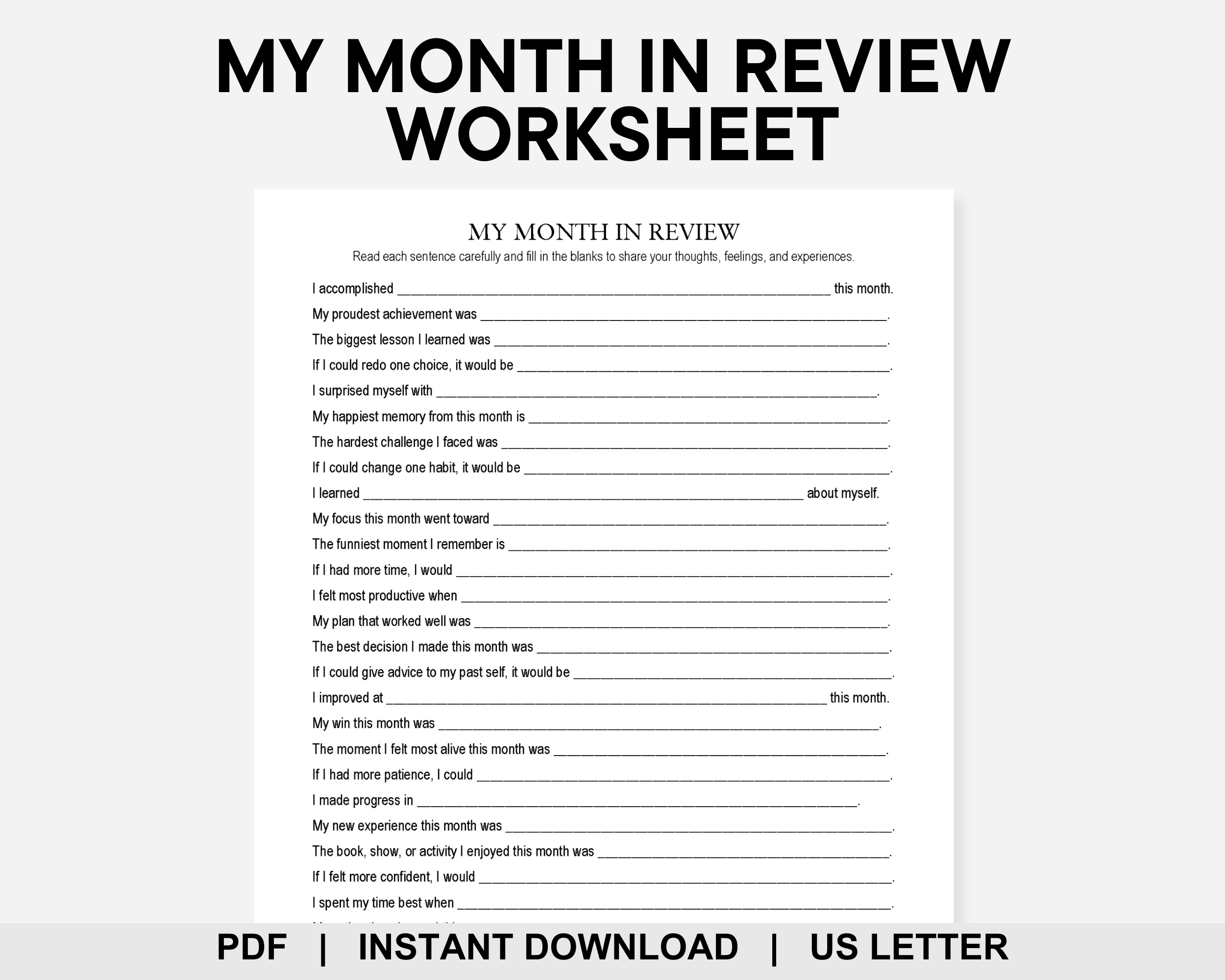 My Month in Review Worksheet, Monthly Reflection, Monthly Reset, End of Month Review, Life Audit