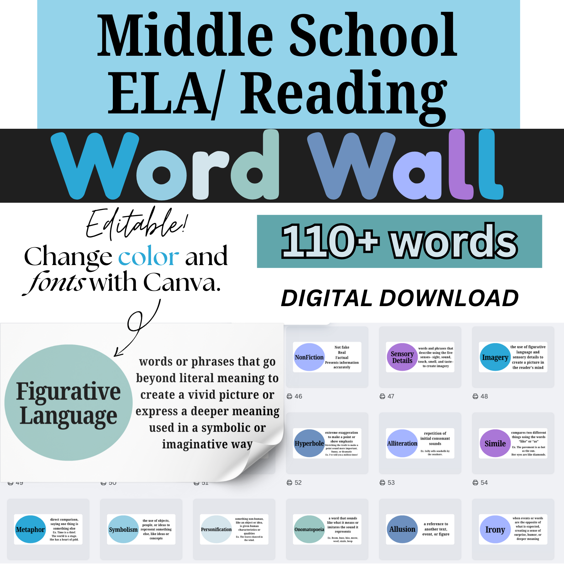 Blue ELA Word Wall Middle School Upper Elementary Reading and Writing