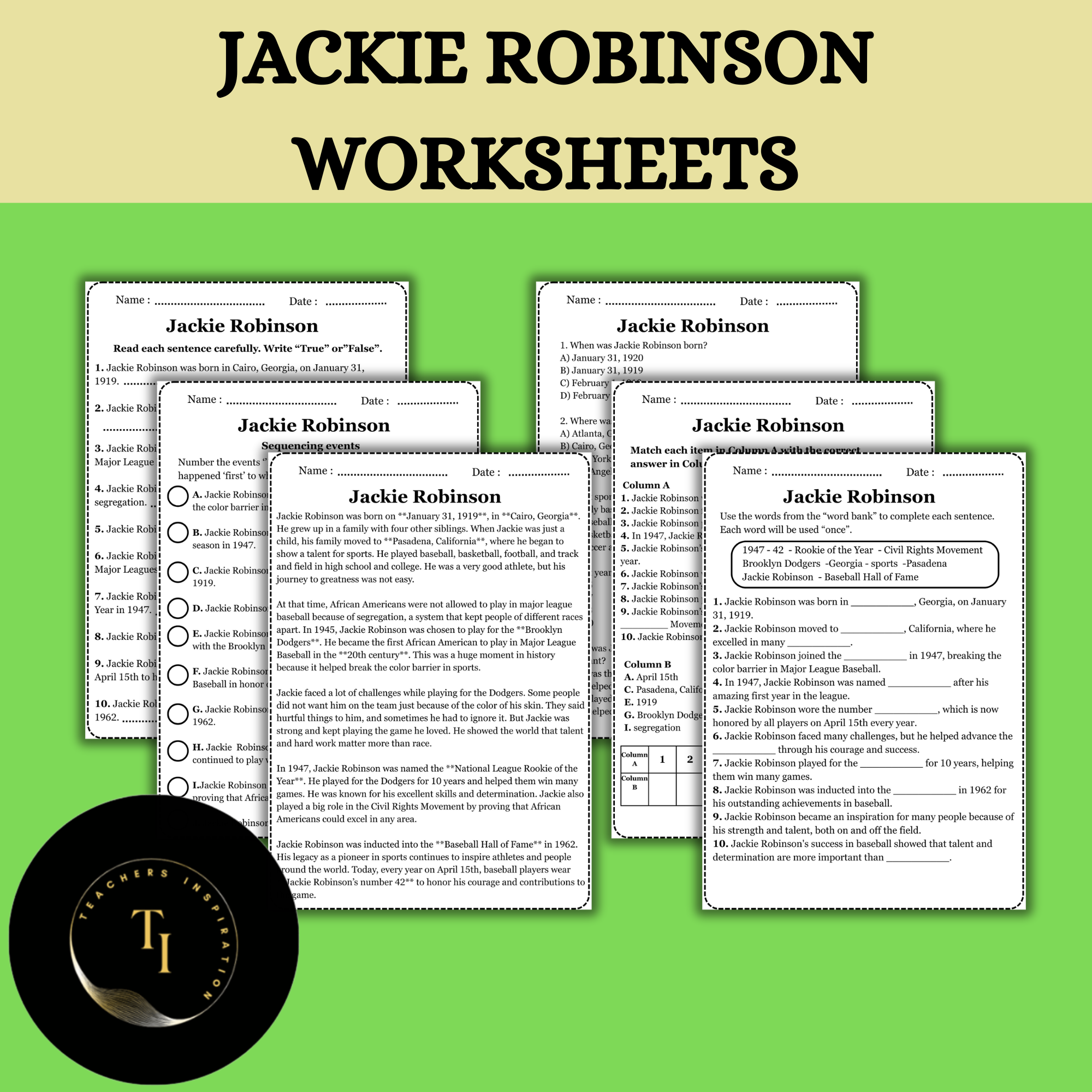 Jackie Robinson Worksheets | 4th Grade Black History Month Reading Activities