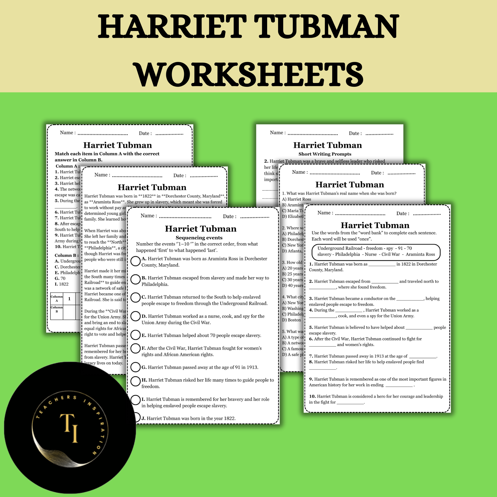 Harriet Tubman Worksheets | 4th Grade Reading & Activities