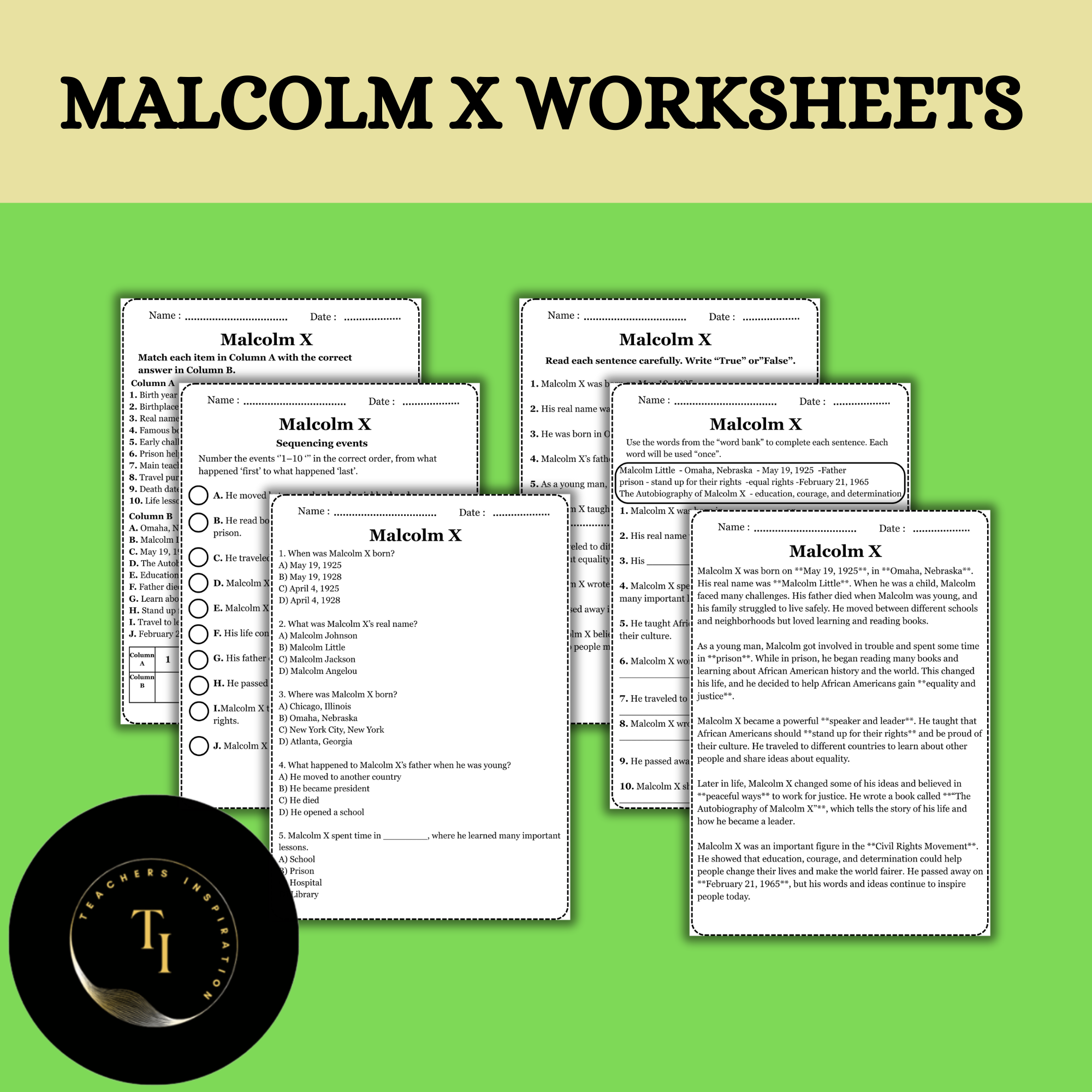 Malcolm X Reading Comprehension Worksheets | 4th Grade Black History Activities