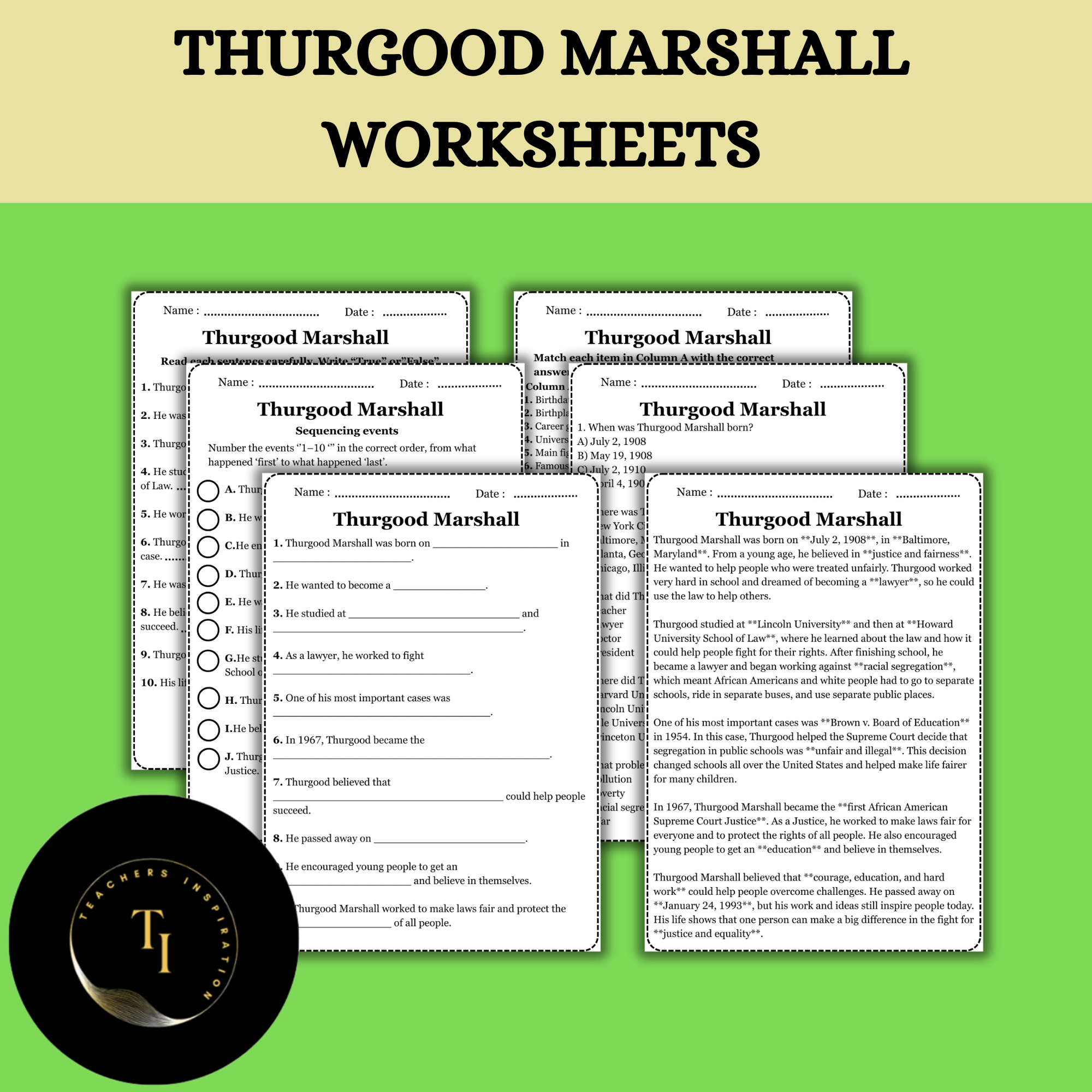 Thurgood Marshall Biography Reading & Comprehension Activities | 4th Grade Black History Month