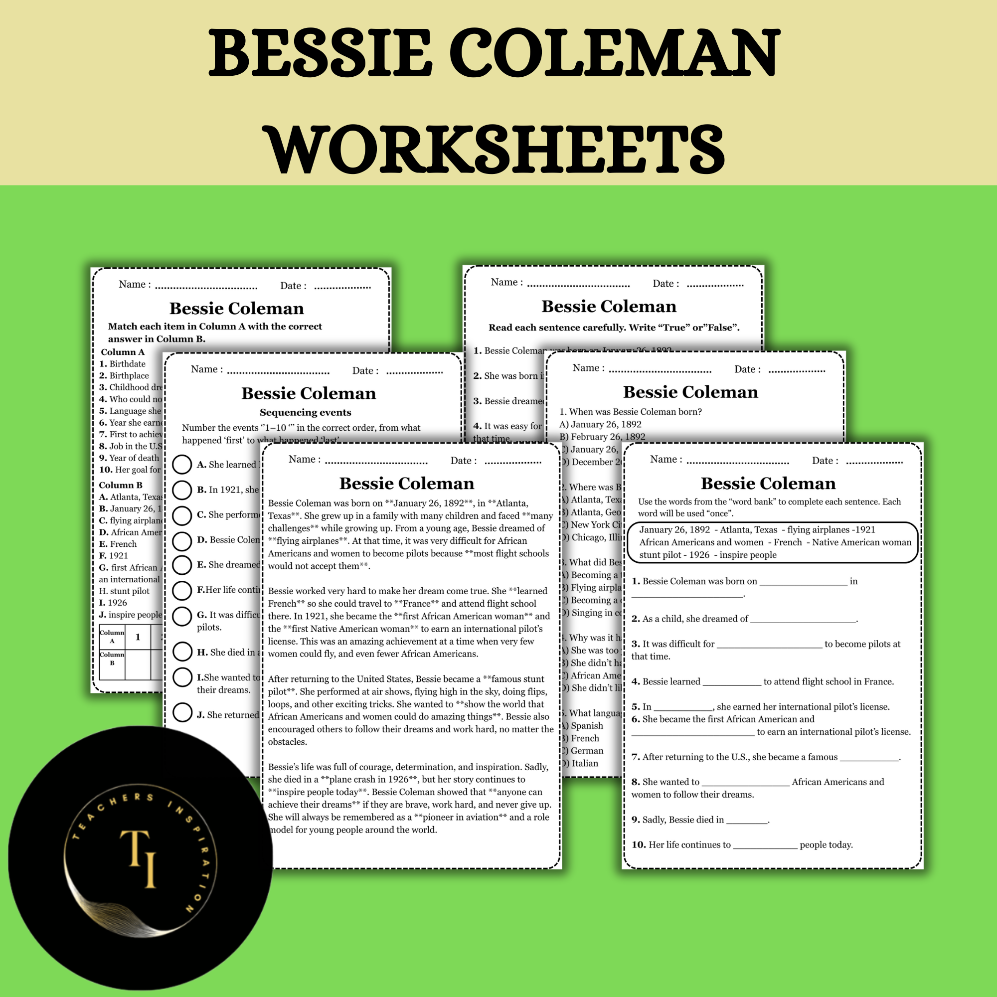 Bessie Coleman Worksheets | 4th Grade Reading Comprehension & Activities