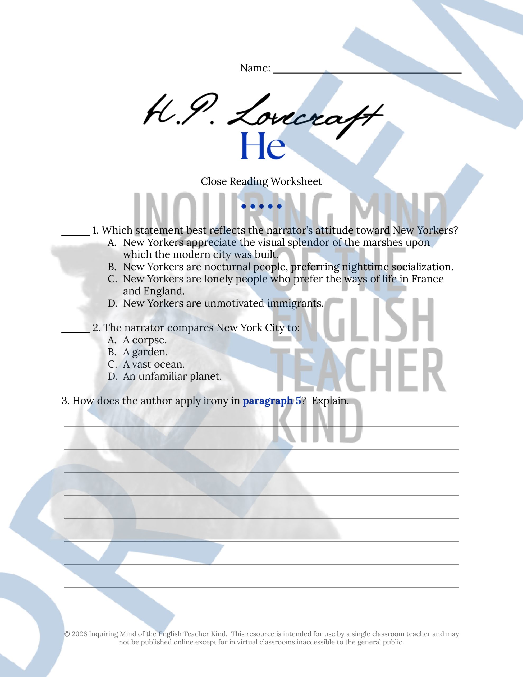 "He" by H.P. Lovecraft Close Reading Analysis Worksheet | Supernatural ...