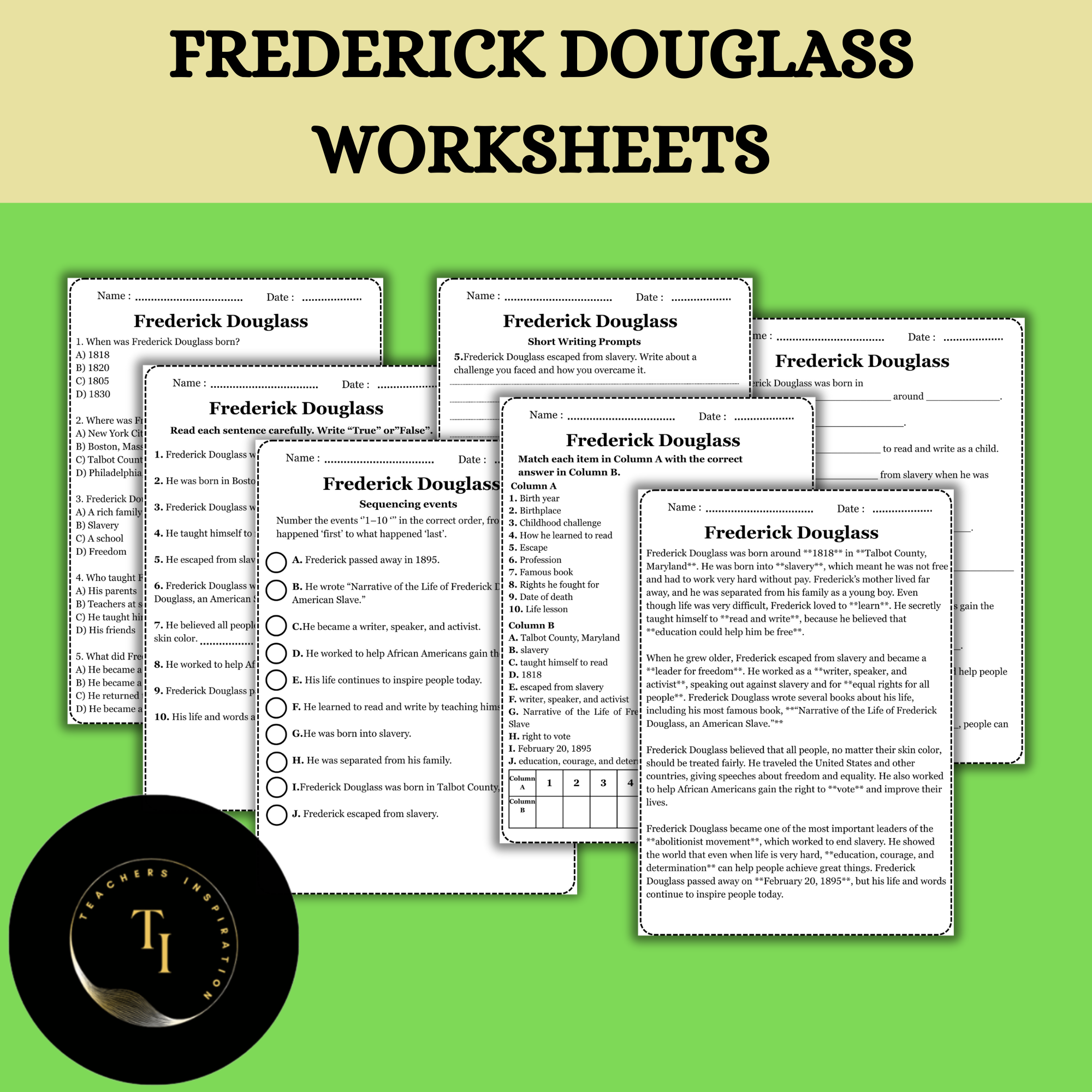 Frederick Douglass Worksheets | 4th Grade Black History Month Reading Activities