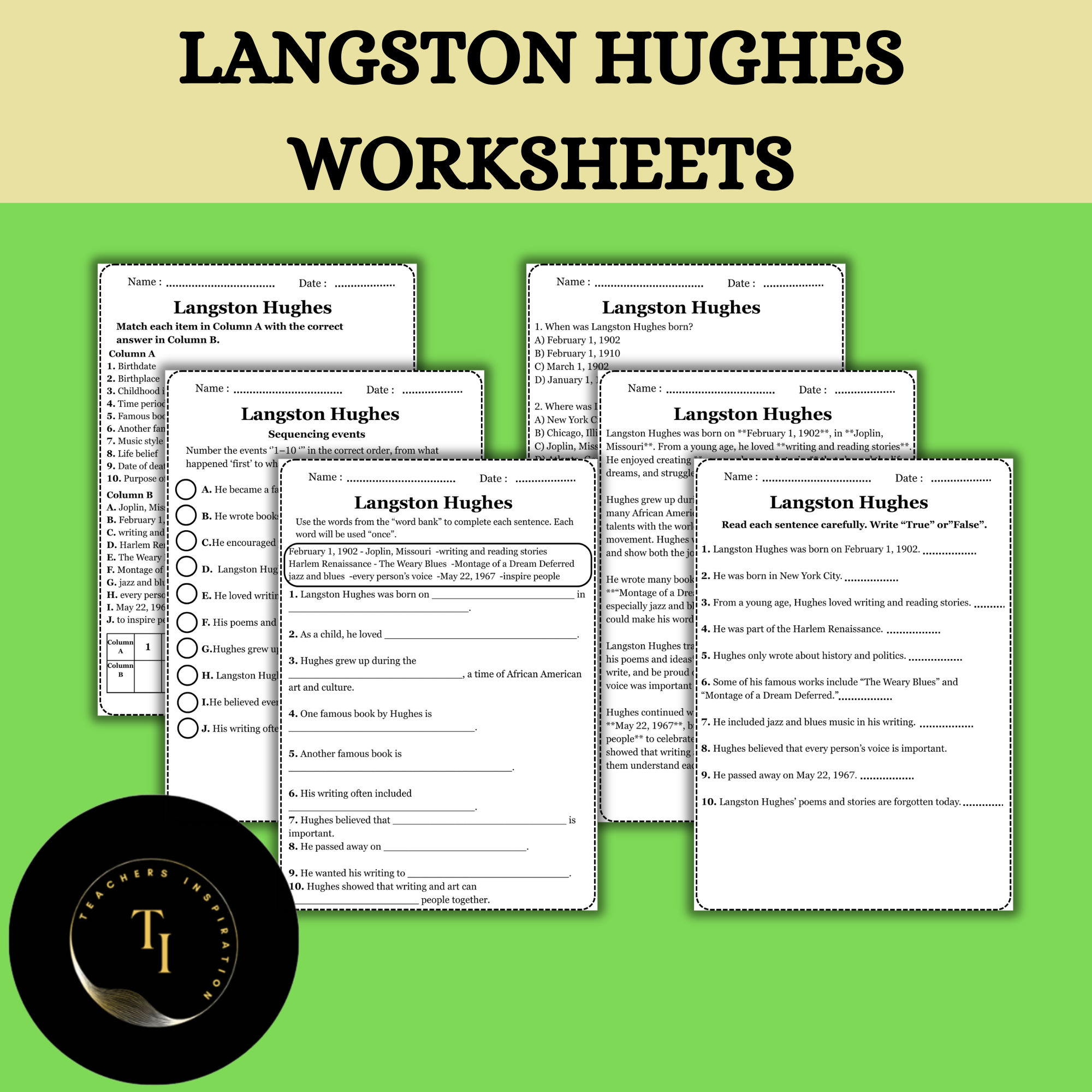Langston Hughes Reading Comprehension | 4th Grade|Black history month